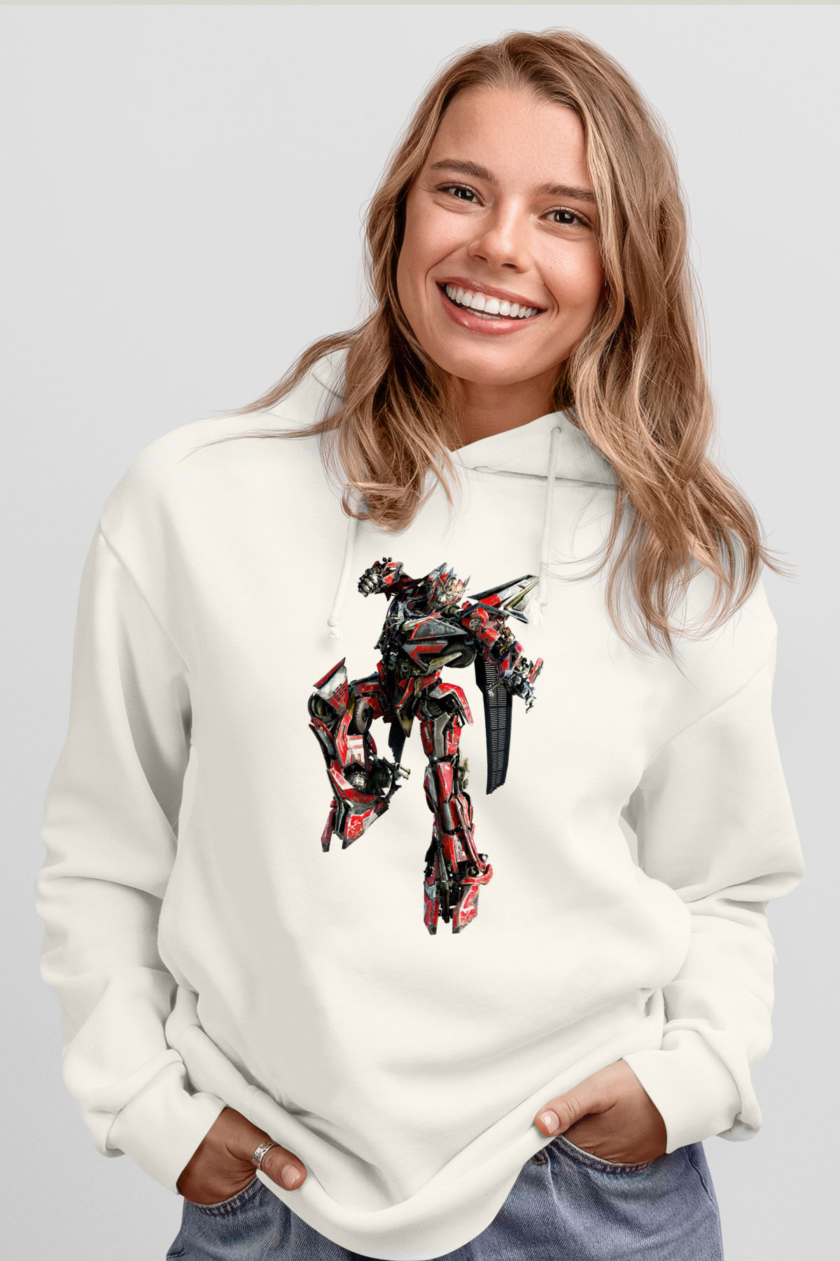 Transformers Beyaz Unisex Kapşonlu Sweatshirt