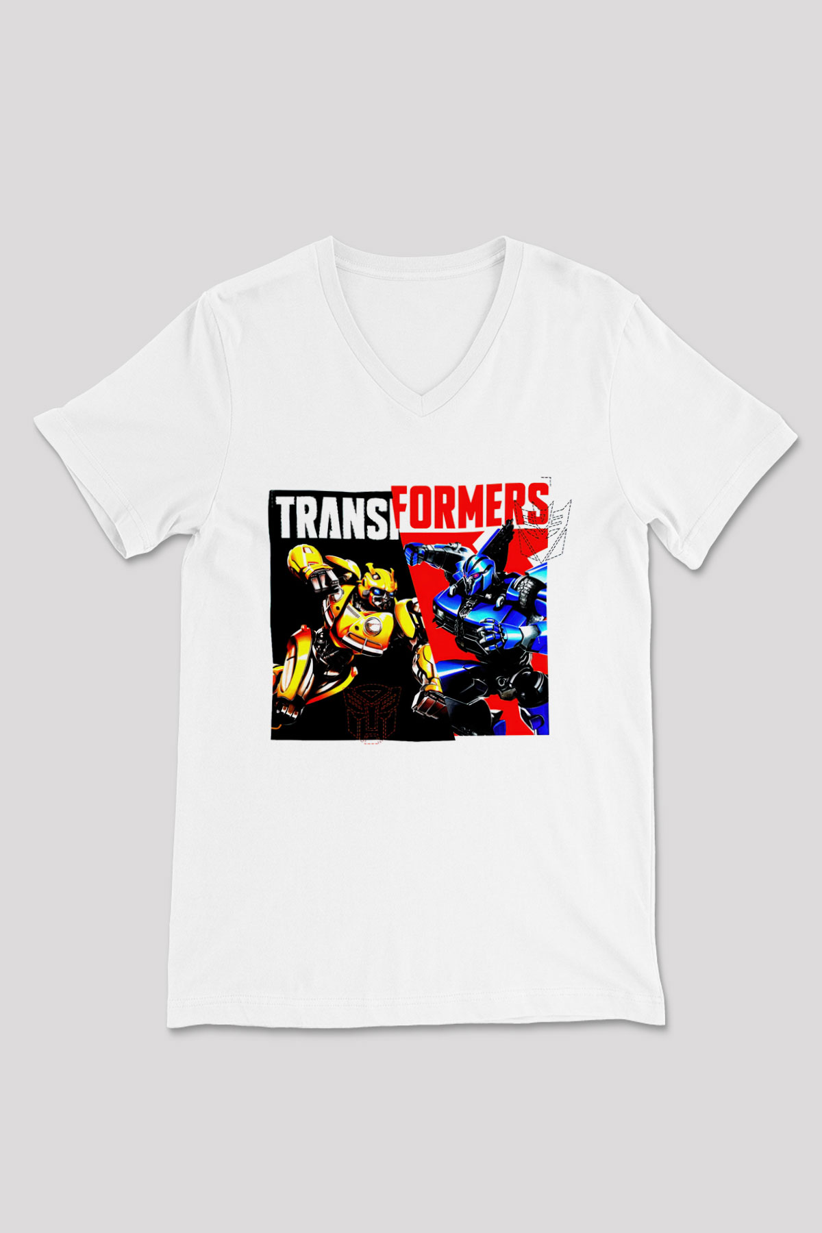 Transformers Beyaz Unisex  V Yaka Tişört