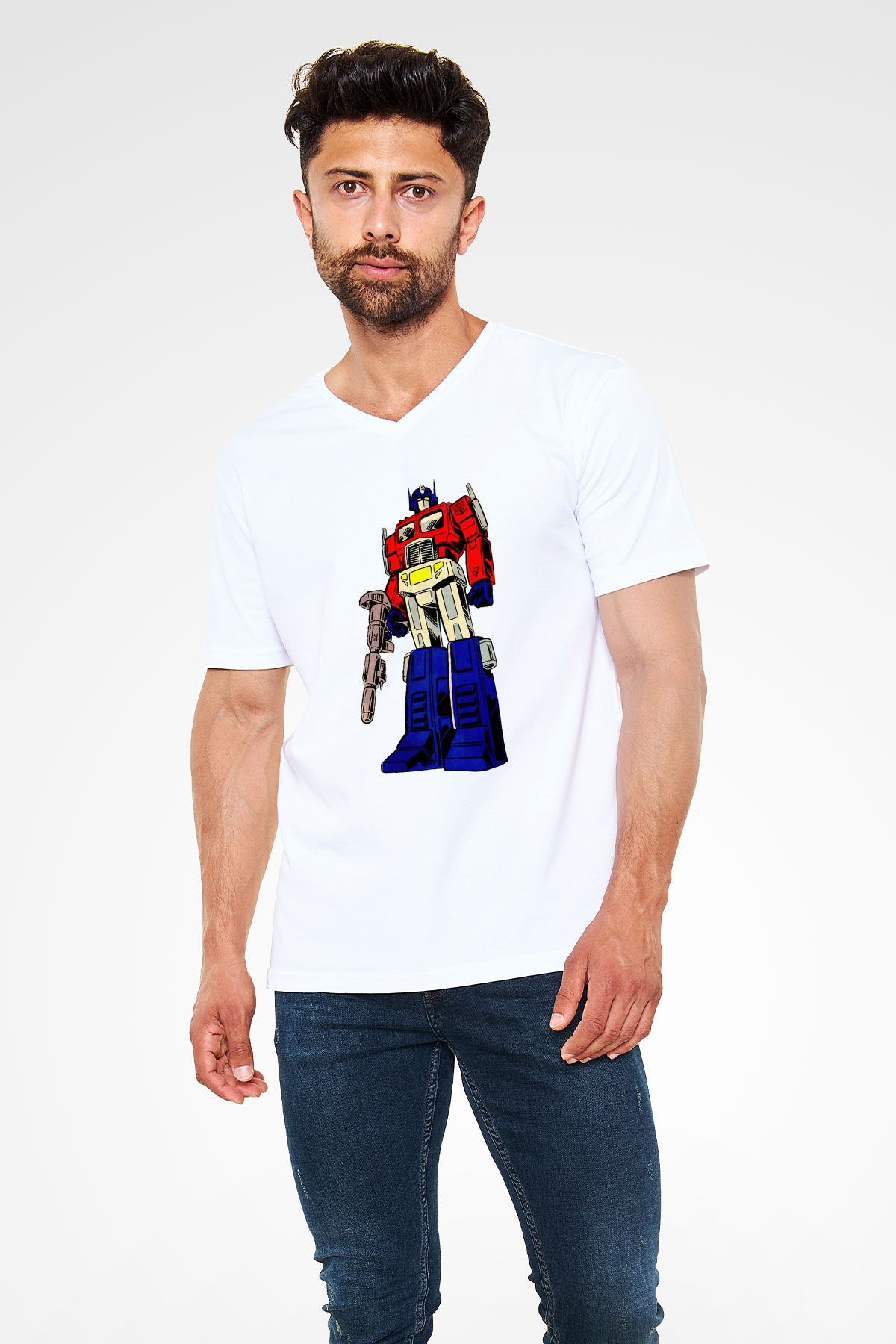 Transformers Beyaz Unisex  V Yaka Tişört