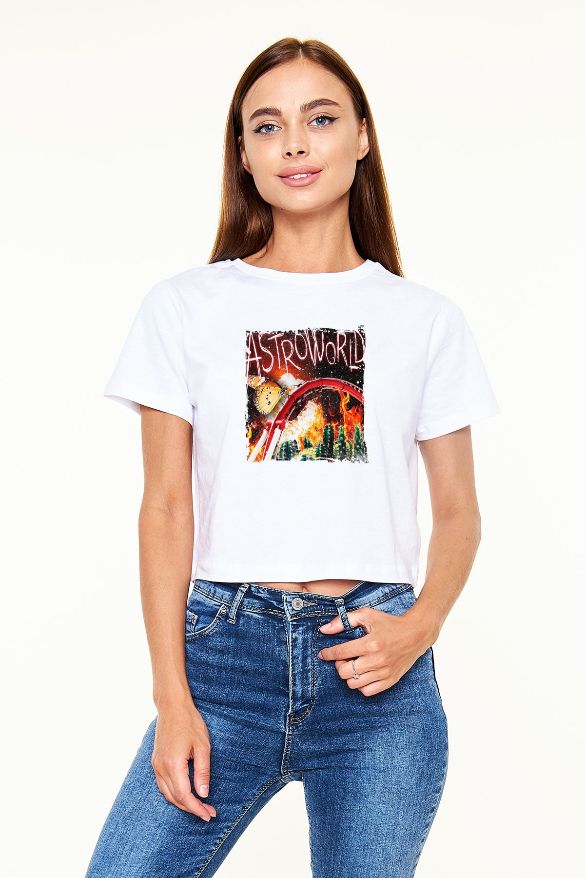 Travis Scott Baskılı Beyaz Kadın Crop Top Tişört