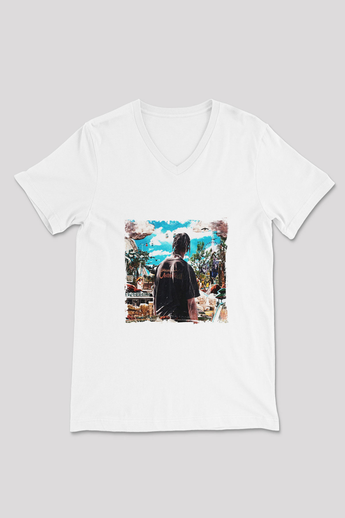 Travis Scott Baskılı Beyaz V Yaka Unisex Tişört