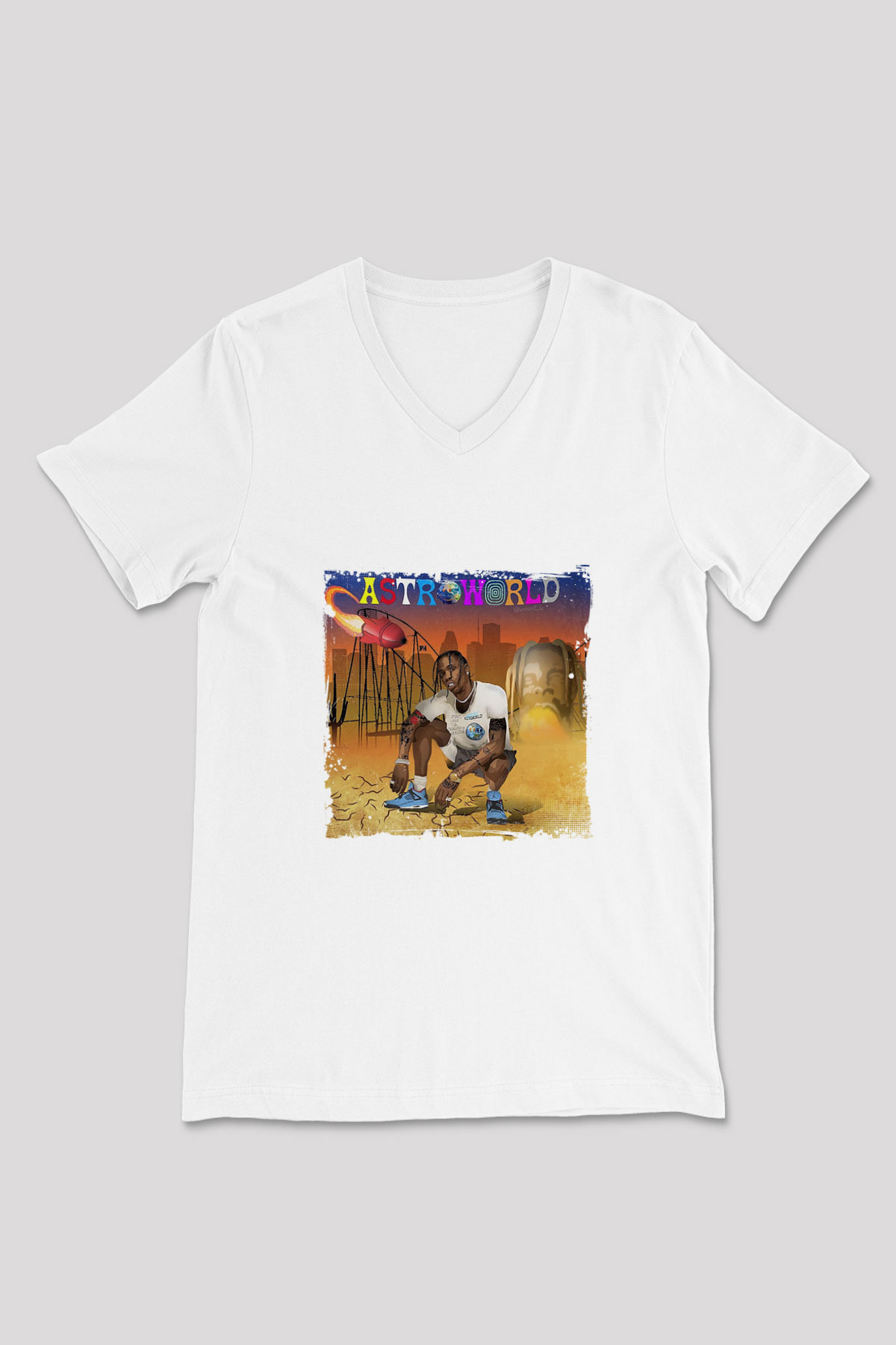 Travis Scott Baskılı Beyaz V Yaka Unisex Tişört