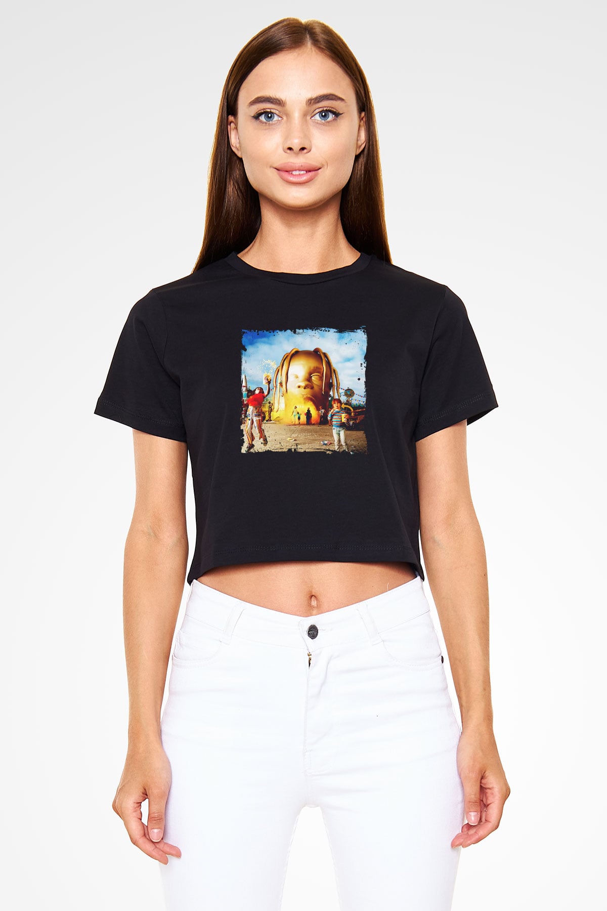 Travis Scott Baskılı Crop Top Siyah Kadın Tişört