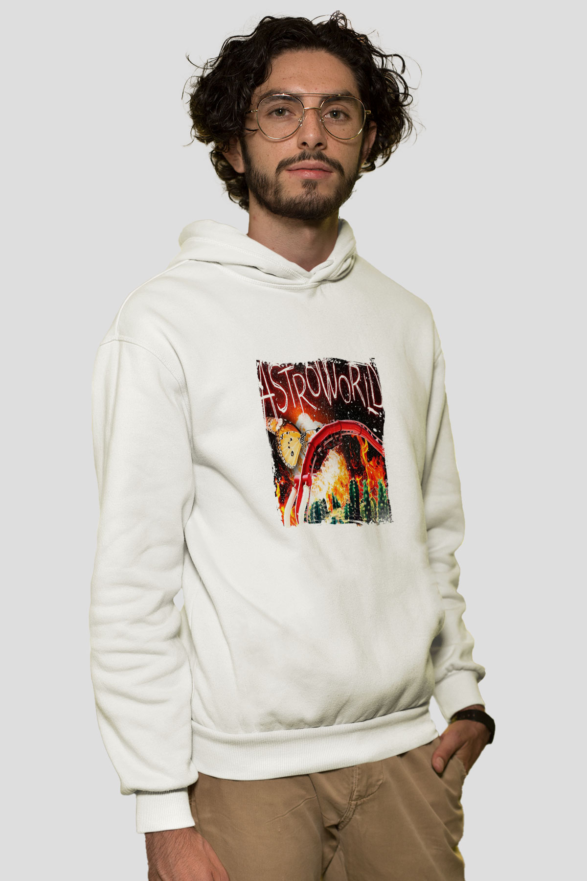 Travis Scott Baskılı Unisex Beyaz Kapüşonlu Sweatshirt