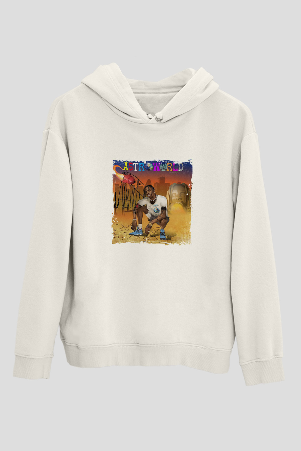 Travis Scott Baskılı Unisex Beyaz Kapüşonlu Sweatshirt