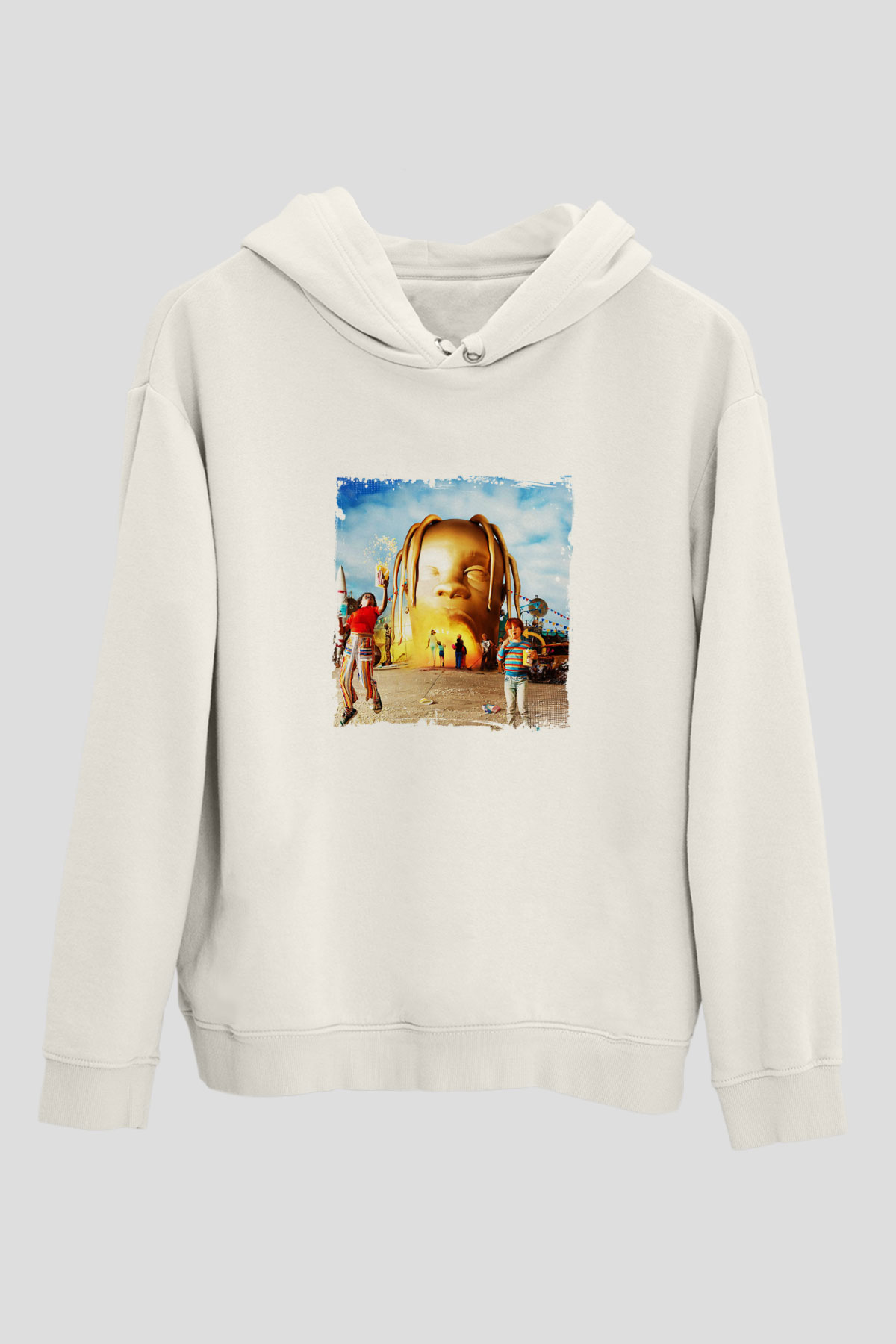Travis Scott Baskılı Unisex Beyaz Kapüşonlu Sweatshirt