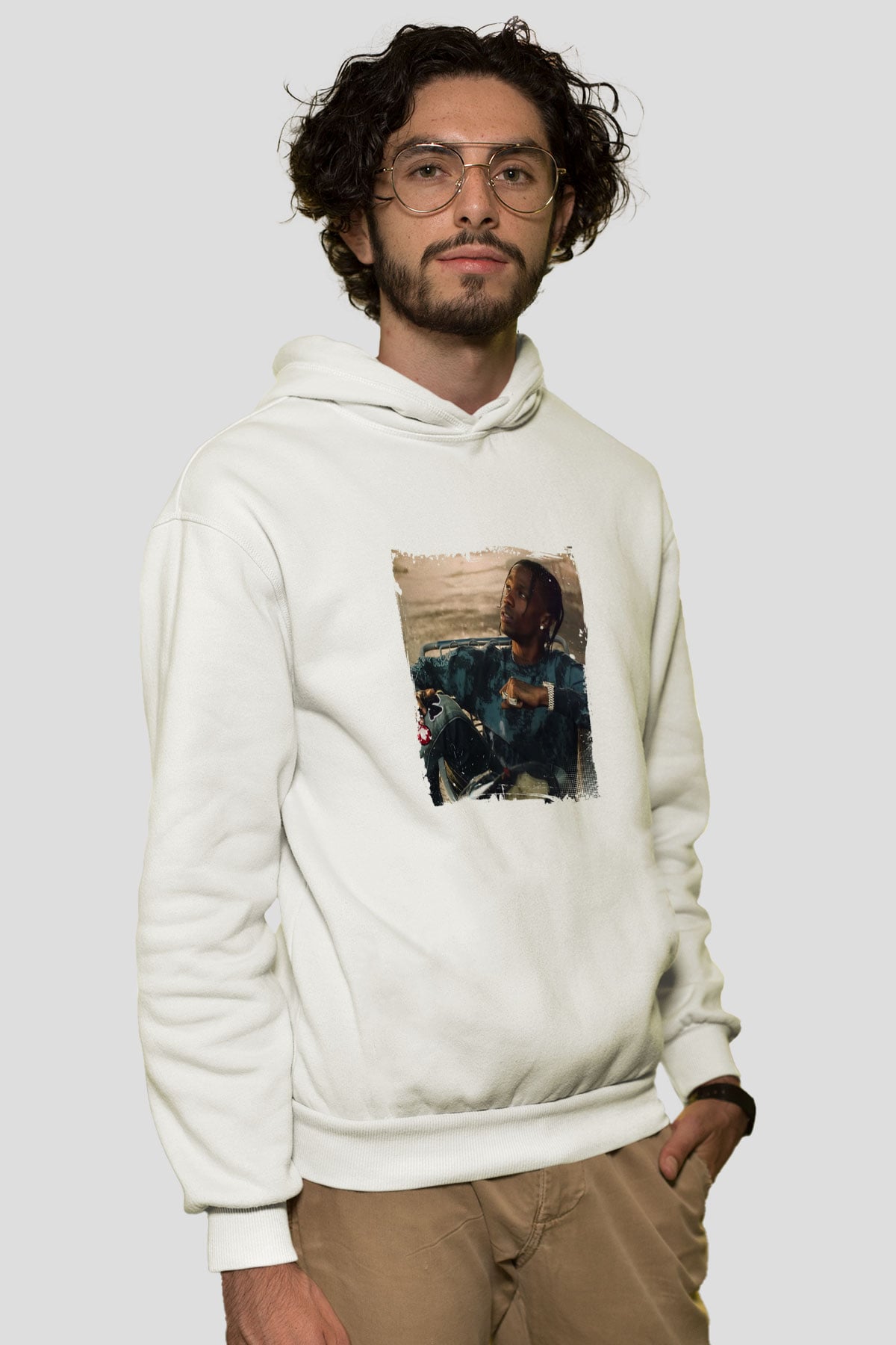 Travis Scott Baskılı Unisex Beyaz Kapüşonlu Sweatshirt