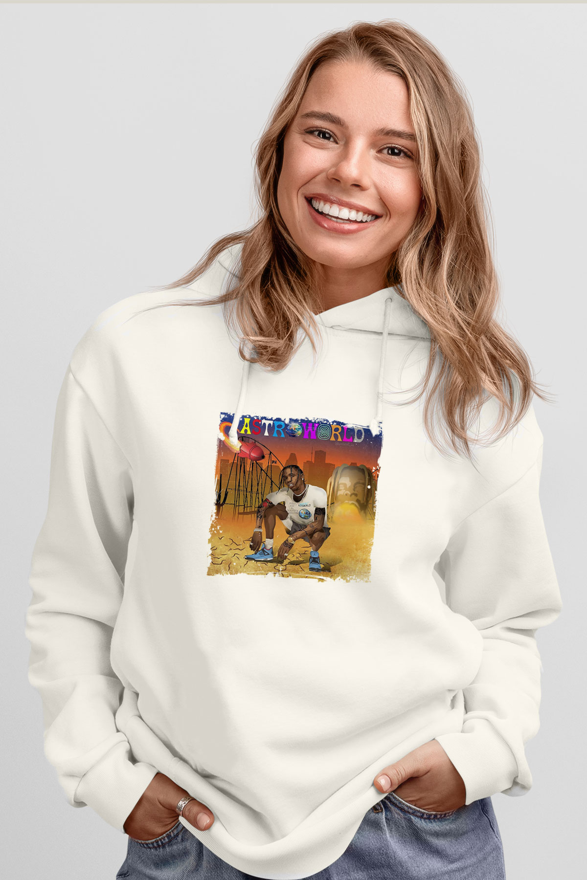Travis Scott Baskılı Unisex Beyaz Kapüşonlu Sweatshirt