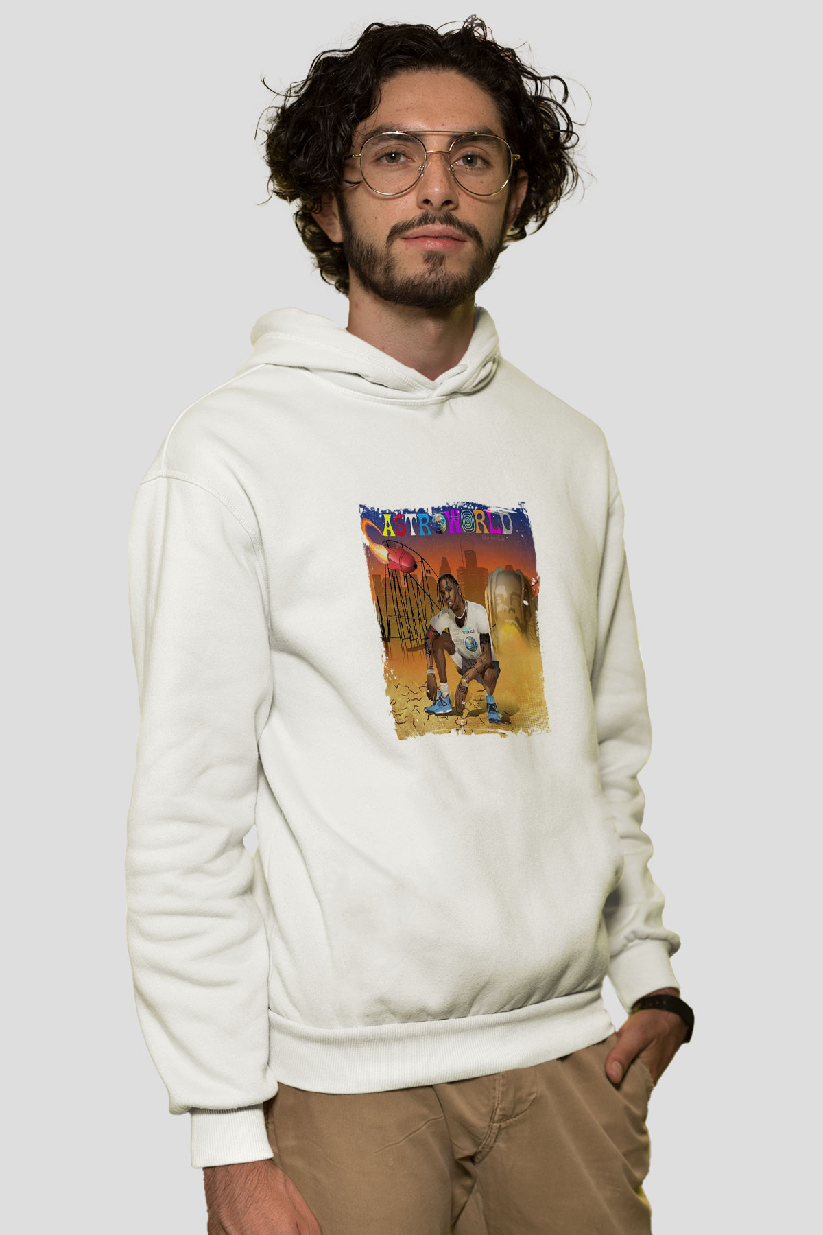 Travis Scott Baskılı Unisex Beyaz Kapüşonlu Sweatshirt