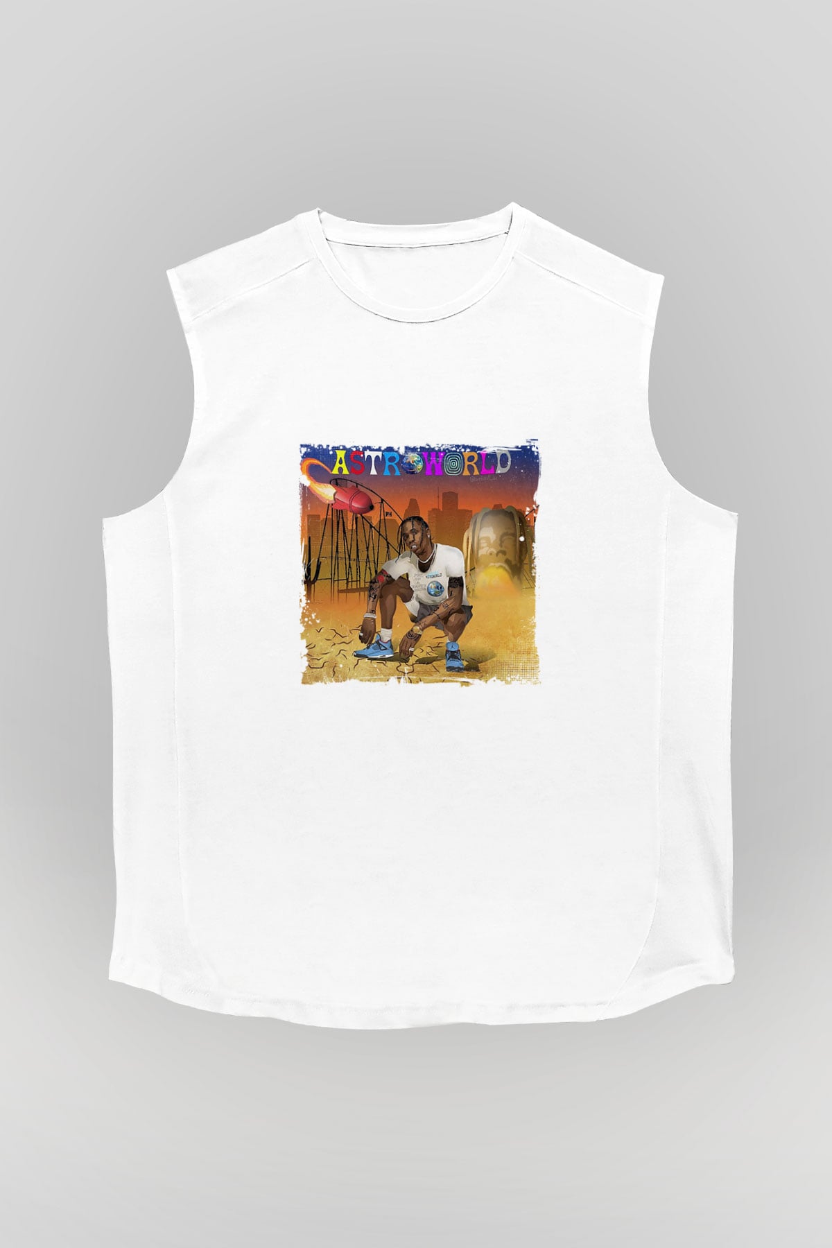 Travis Scott Baskılı Unisex Beyaz Kolsuz Tişört