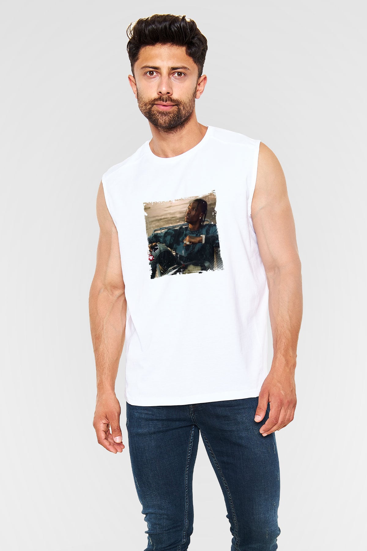 Travis Scott Baskılı Unisex Beyaz Kolsuz Tişört