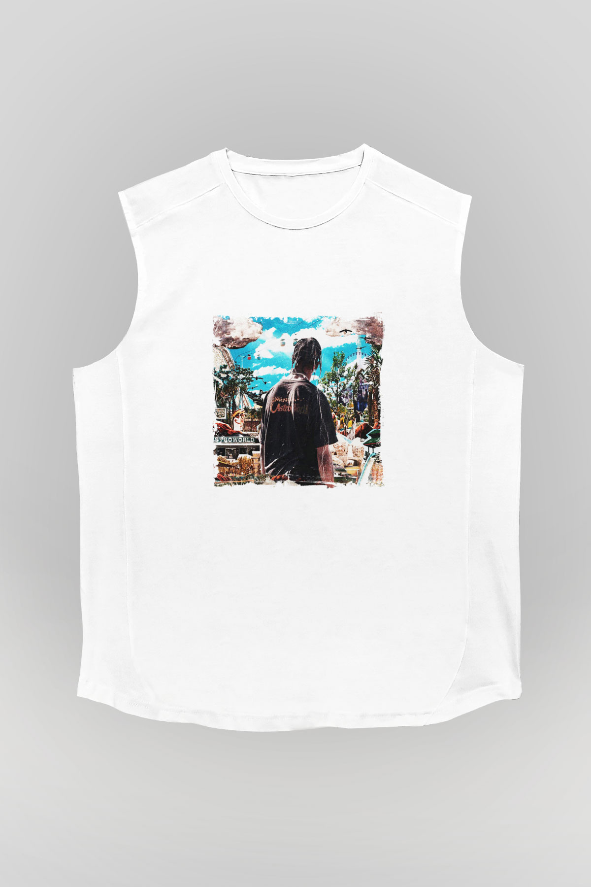 Travis Scott Baskılı Unisex Beyaz Kolsuz Tişört