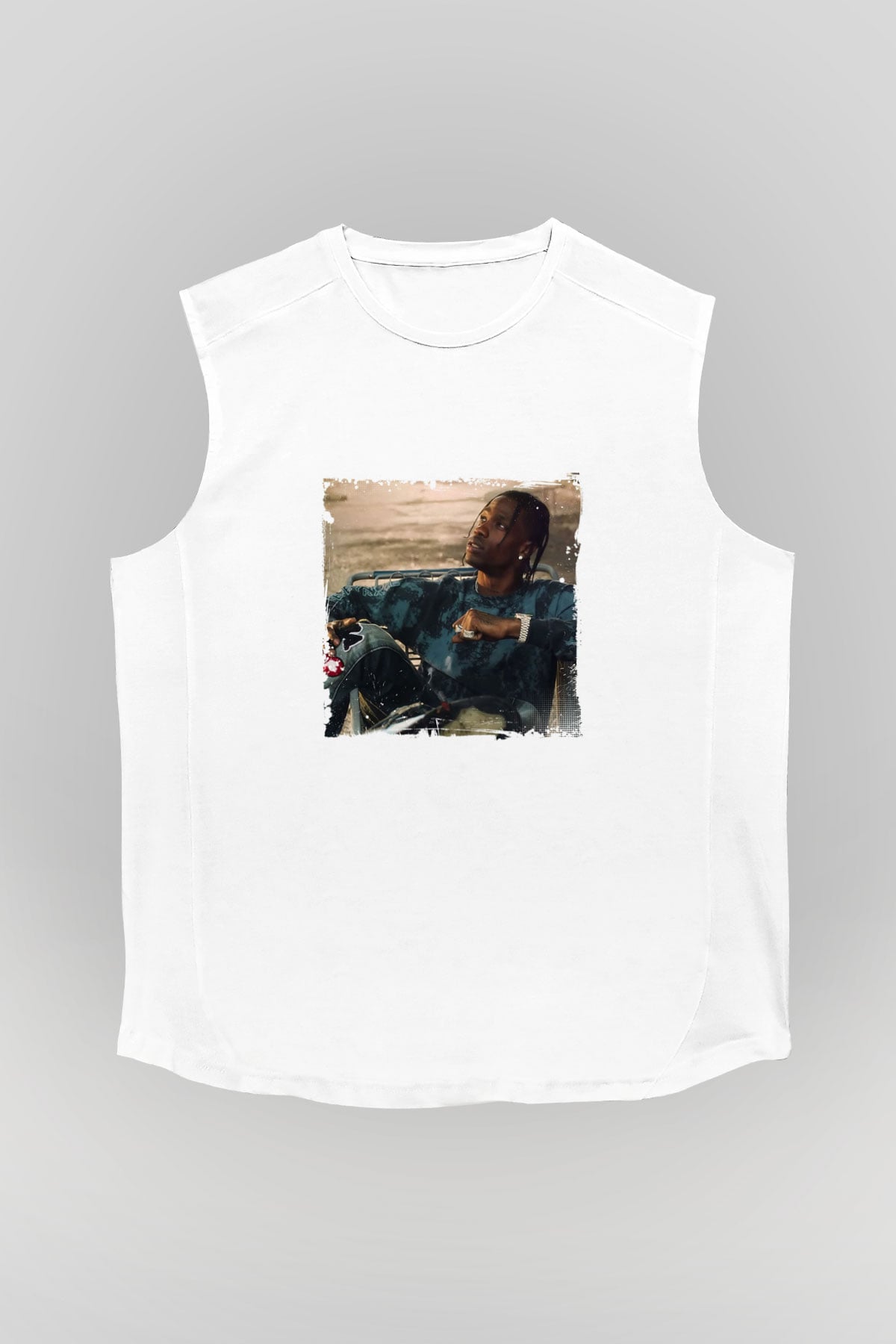 Travis Scott Baskılı Unisex Beyaz Kolsuz Tişört