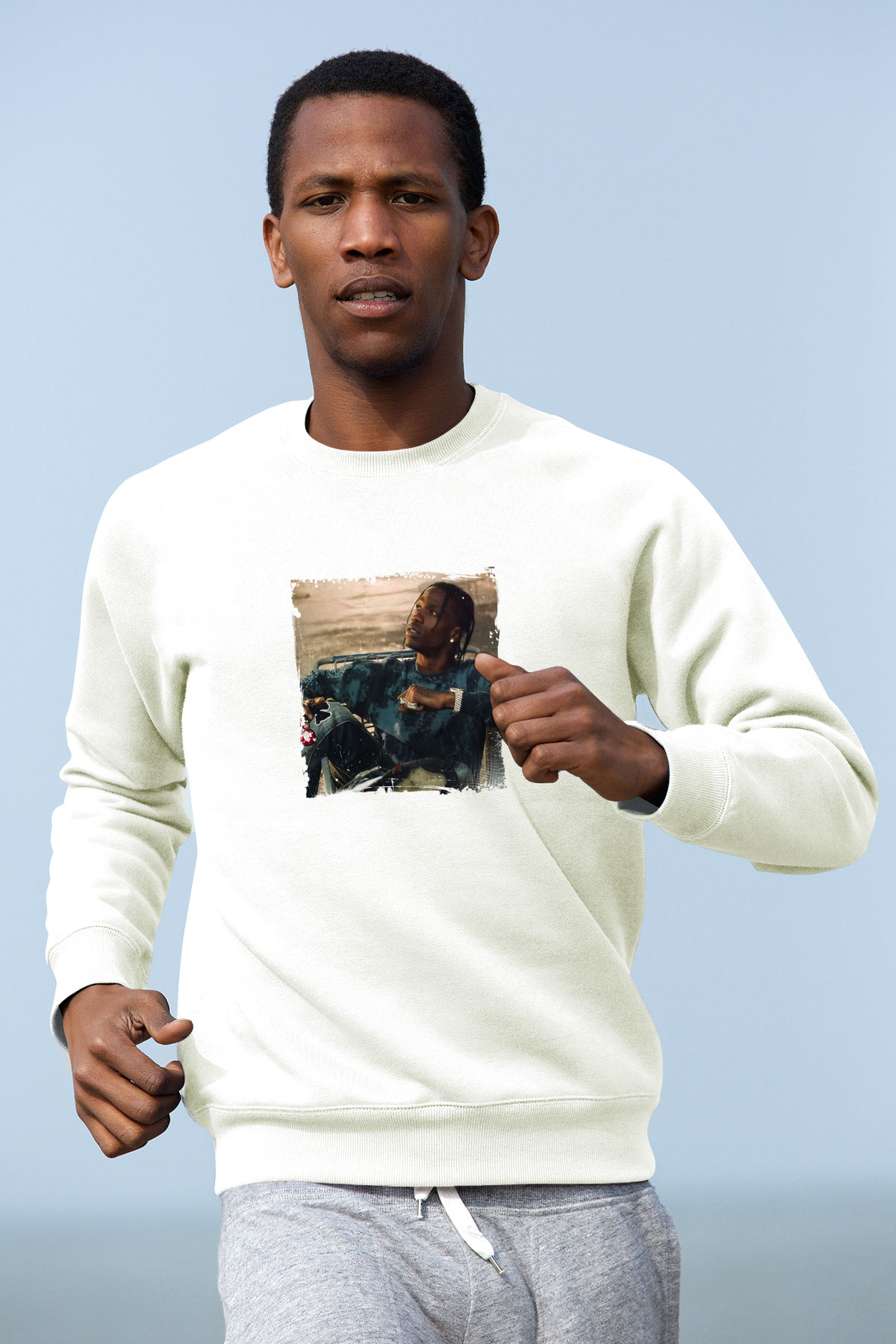 Travis Scott Baskılı Unisex Beyaz Sweatshirt