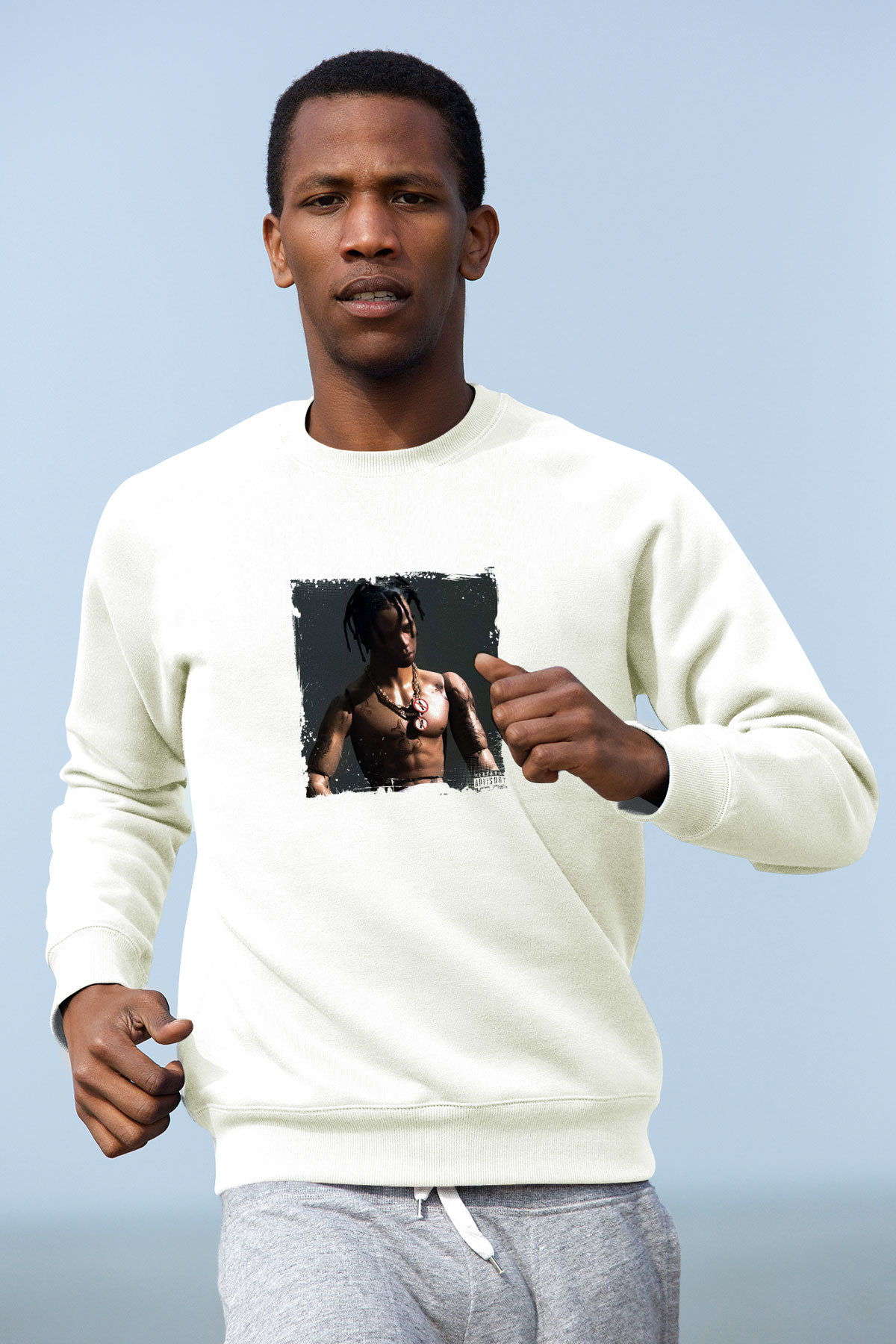 Travis Scott Baskılı Unisex Beyaz Sweatshirt
