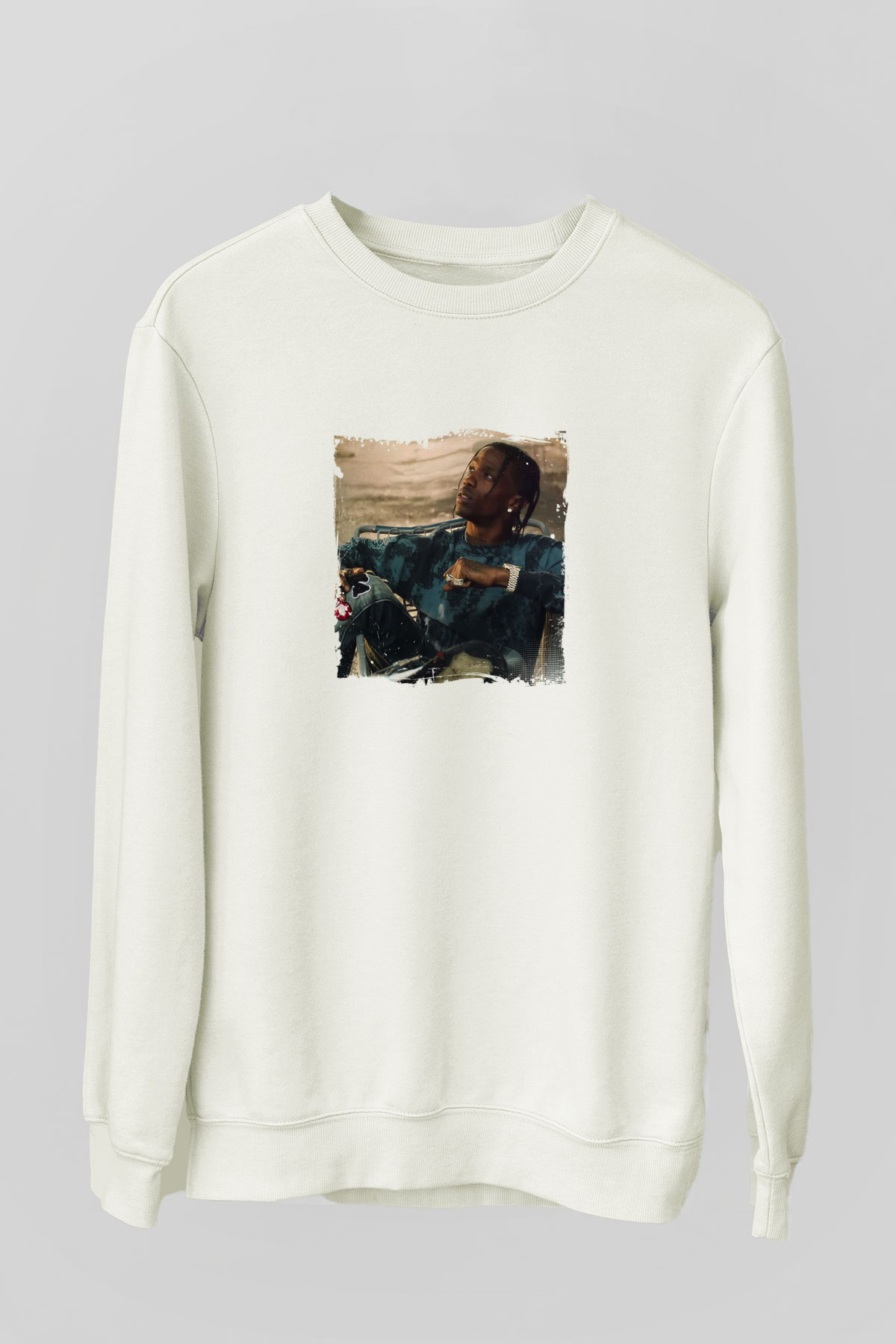 Travis Scott Baskılı Unisex Beyaz Sweatshirt