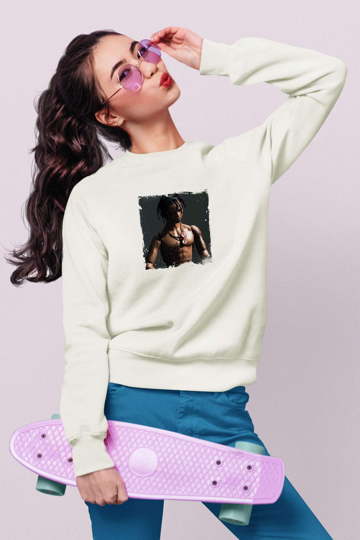 Travis Scott Baskılı Unisex Beyaz Sweatshirt