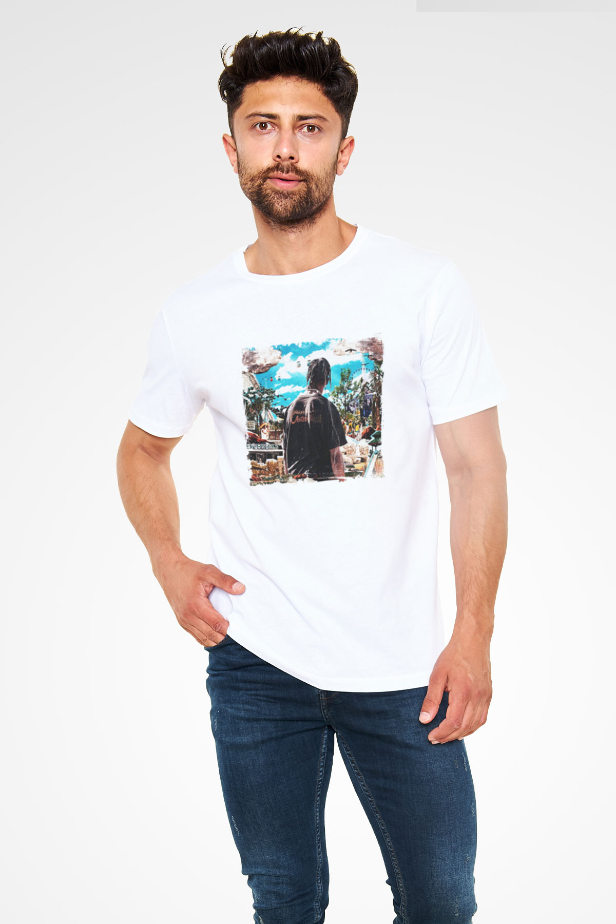 Travis Scott Baskılı Unisex Beyaz Tişört