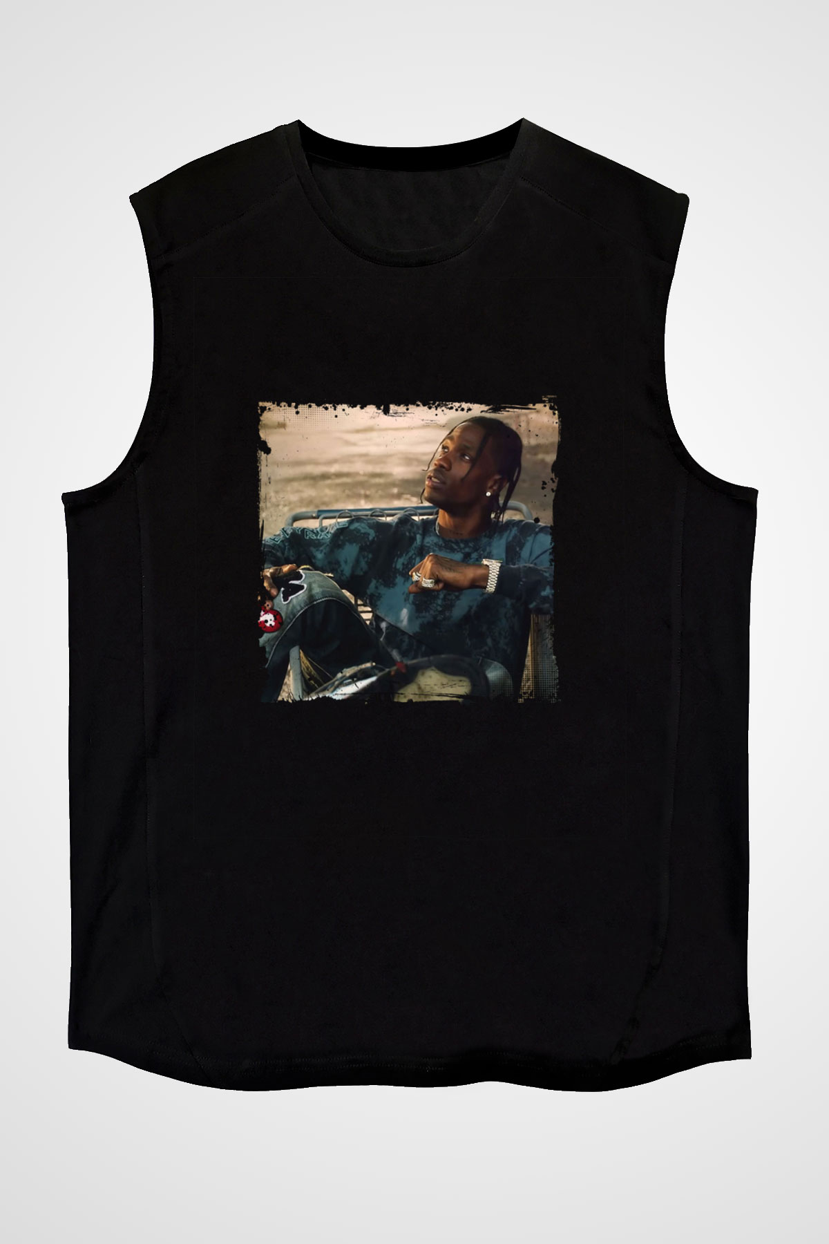 Travis Scott Baskılı Unisex Siyah Kolsuz Tişört
