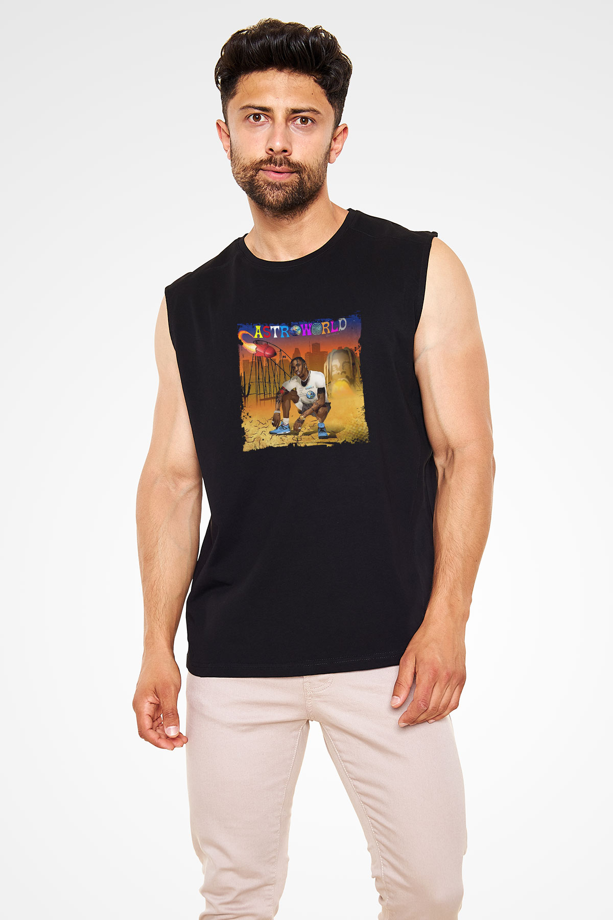 Travis Scott Baskılı Unisex Siyah Kolsuz Tişört