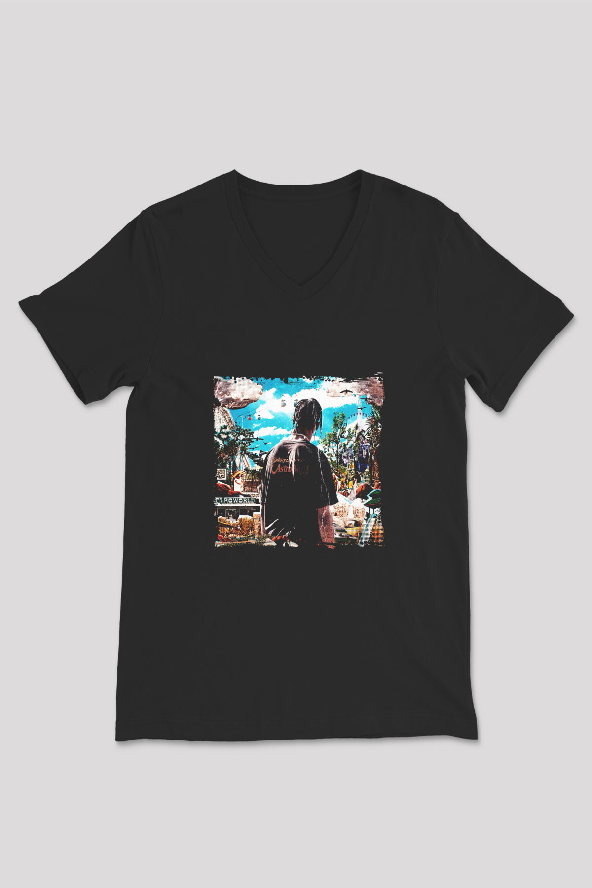 Travis Scott Baskılı Unisex Siyah V Yaka Tişört