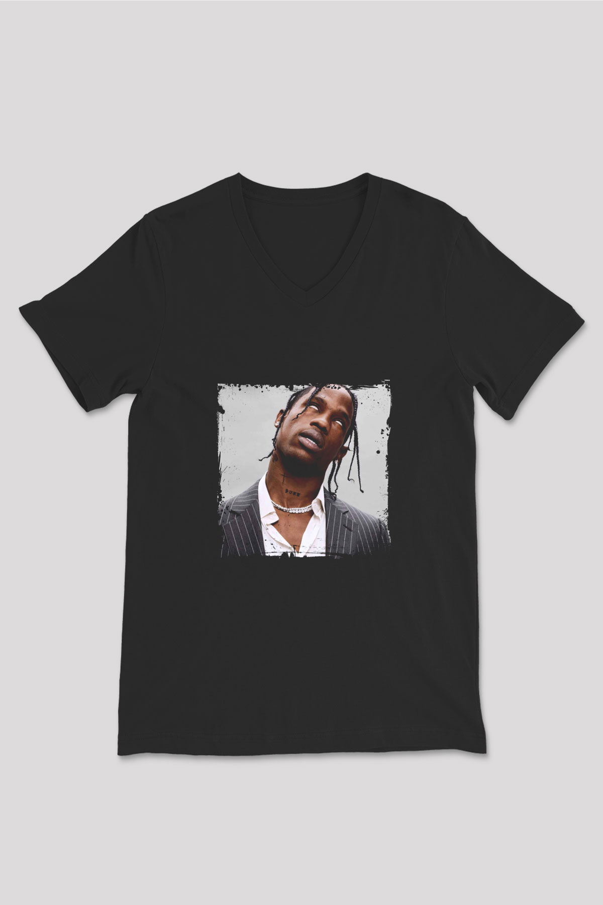 Travis Scott Baskılı Unisex Siyah V Yaka Tişört
