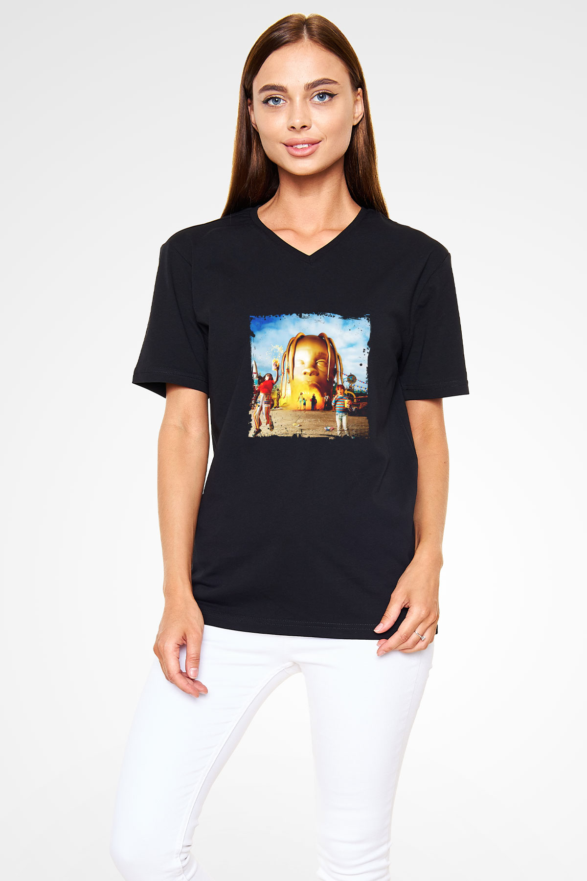 Travis Scott Baskılı Unisex Siyah V Yaka Tişört