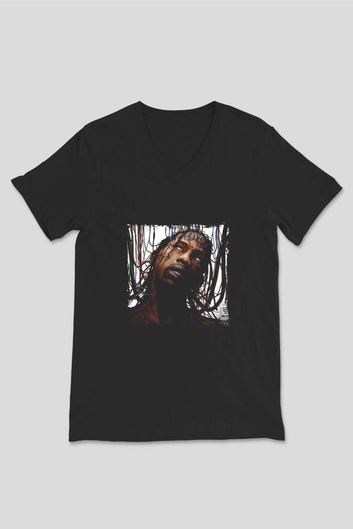 Travis Scott Baskılı Unisex Siyah V Yaka Tişört