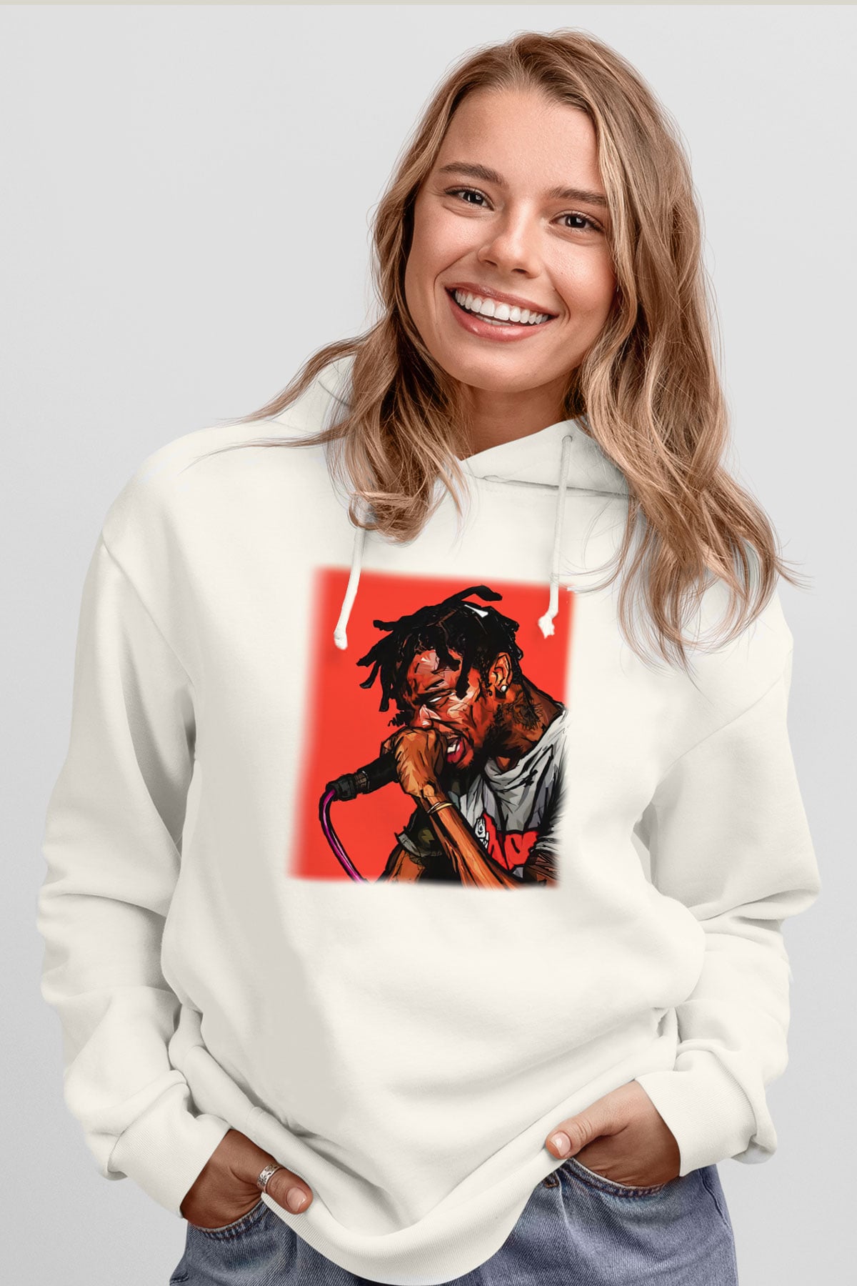Travis Scott Beyaz Unisex Kapşonlu Sweatshirt