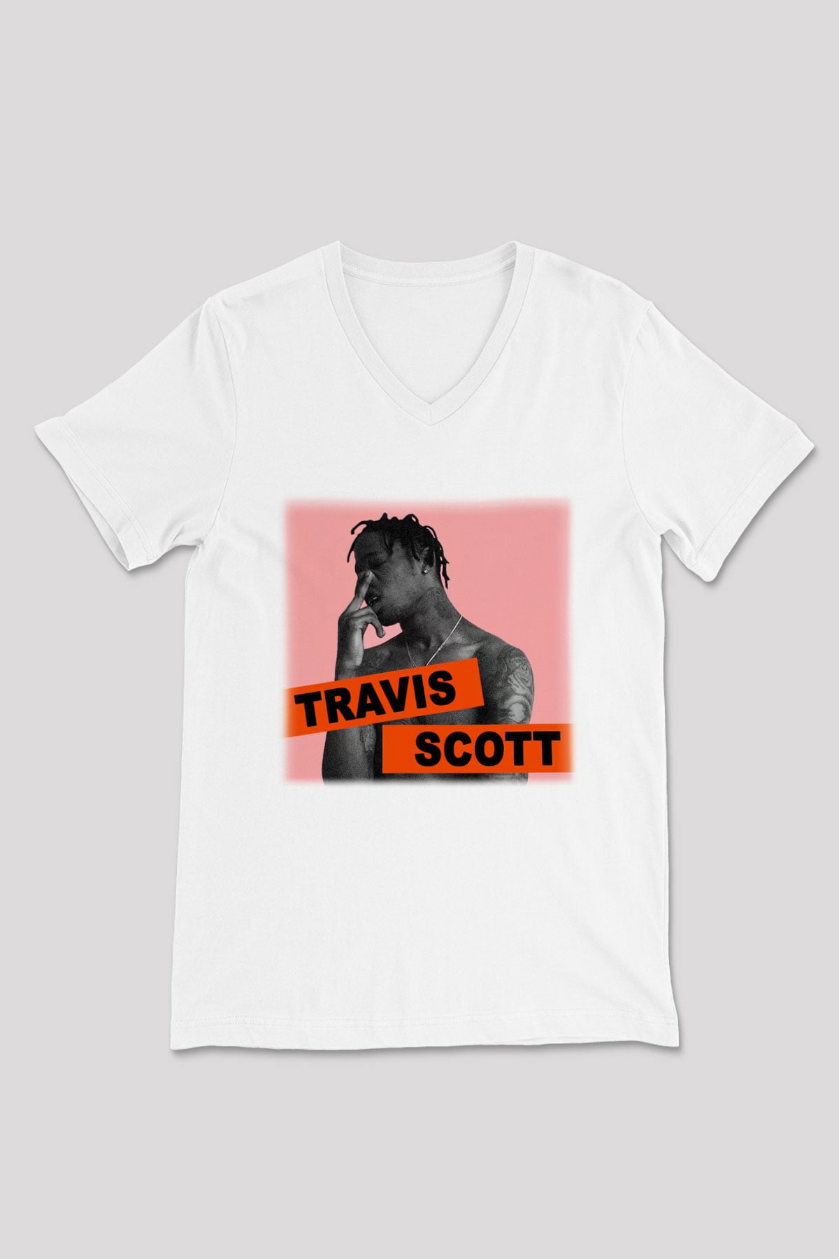 Travis Scott Beyaz Unisex V Yaka Tişört T-Shirt
