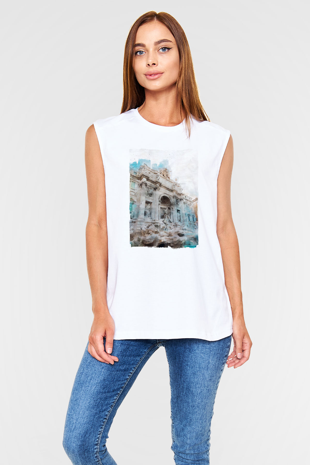 Trevi Çeşmesi Beyaz Unisex Kolsuz Tişört
