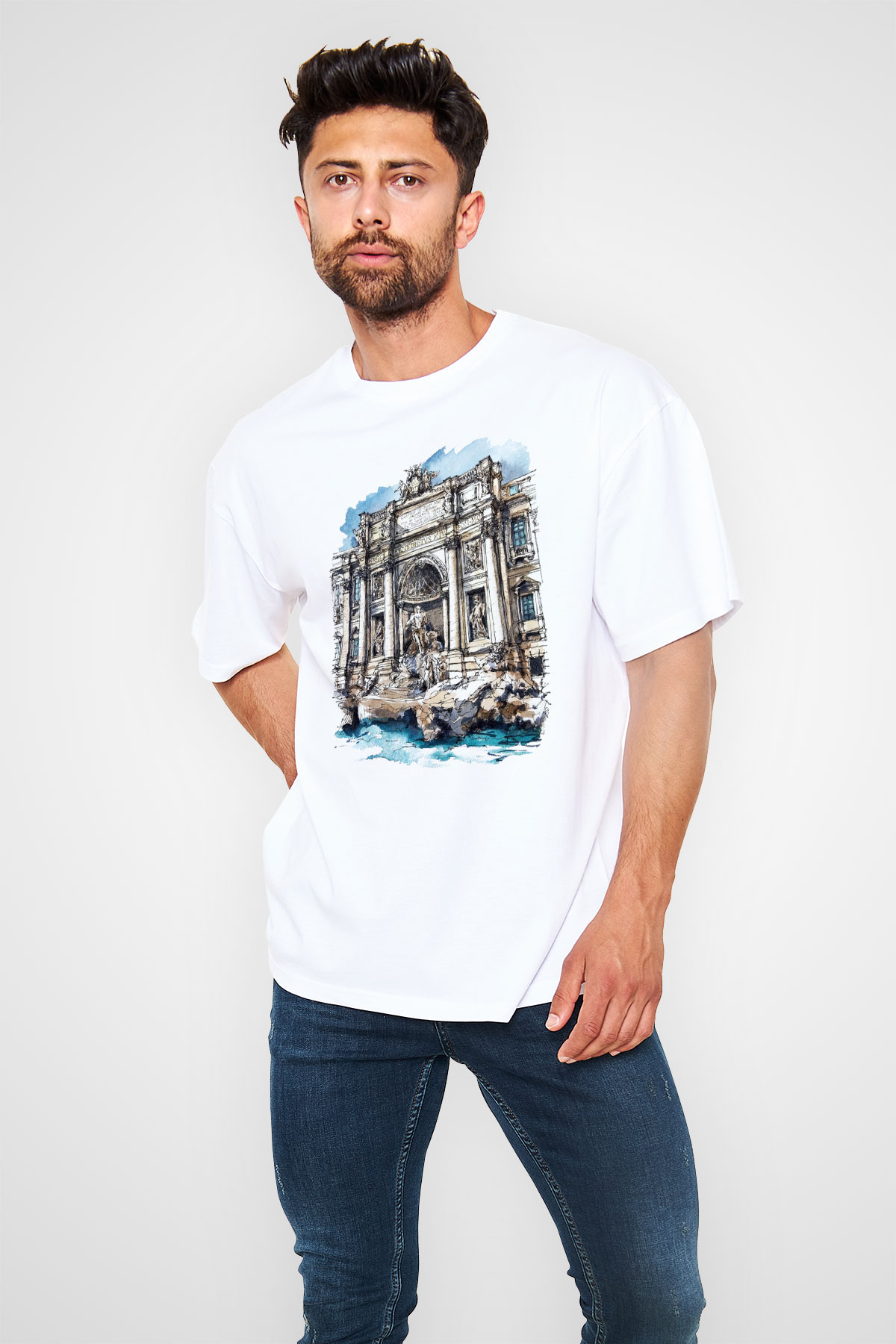 Trevi Çeşmesi Beyaz Unisex Oversize Tişört T-Shirt