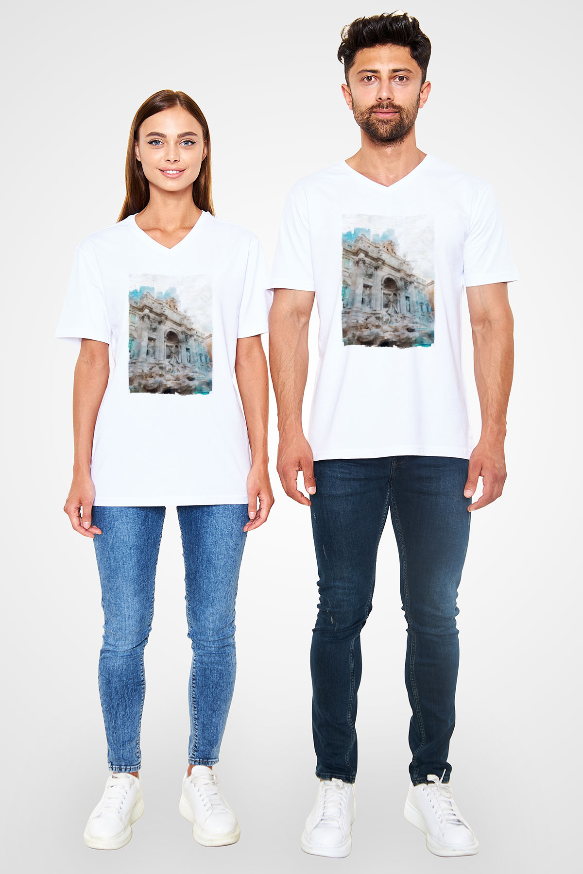 Trevi Çeşmesi Beyaz Unisex V Yaka Tişört