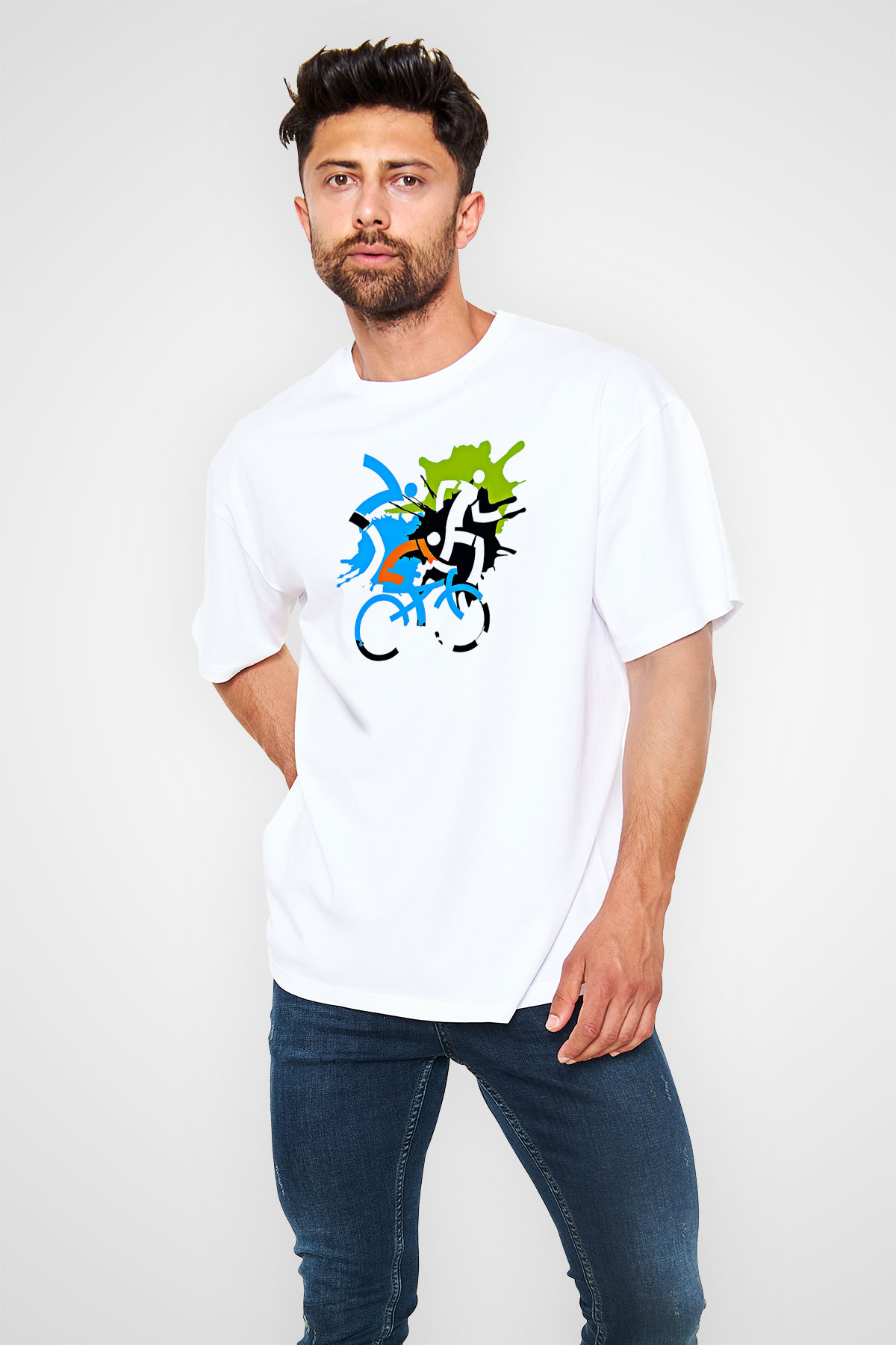 Triathlon Baskılı Unisex Beyaz Oversize Tişört - Tshirt