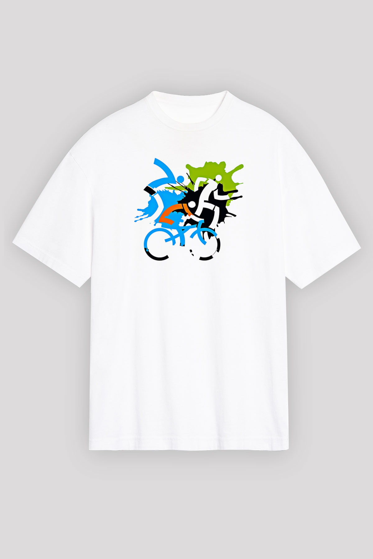 Triathlon Baskılı Unisex Beyaz Oversize Tişört - Tshirt