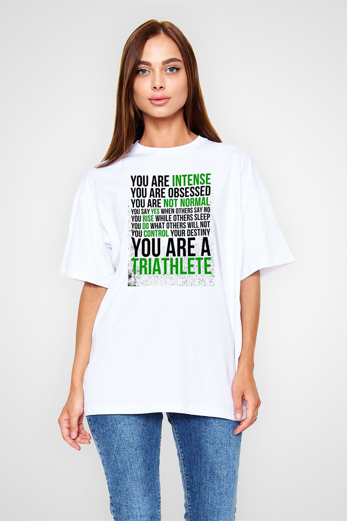 Triathlon Baskılı Unisex Beyaz Oversize Tişört - Tshirt