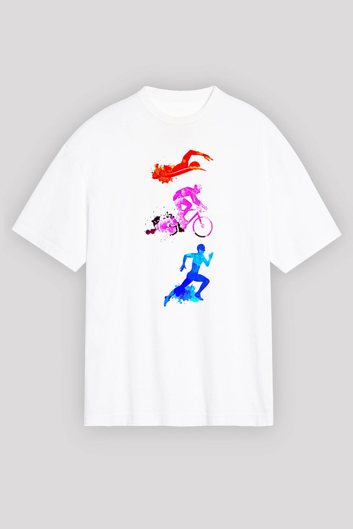 Triathlon Baskılı Unisex Beyaz Oversize Tişört - Tshirt