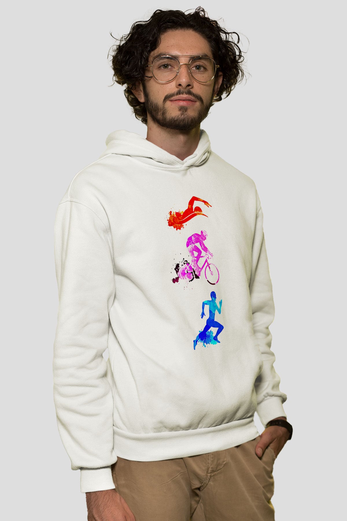 Triathlon Baskılı Unisex Ekru Hoodie