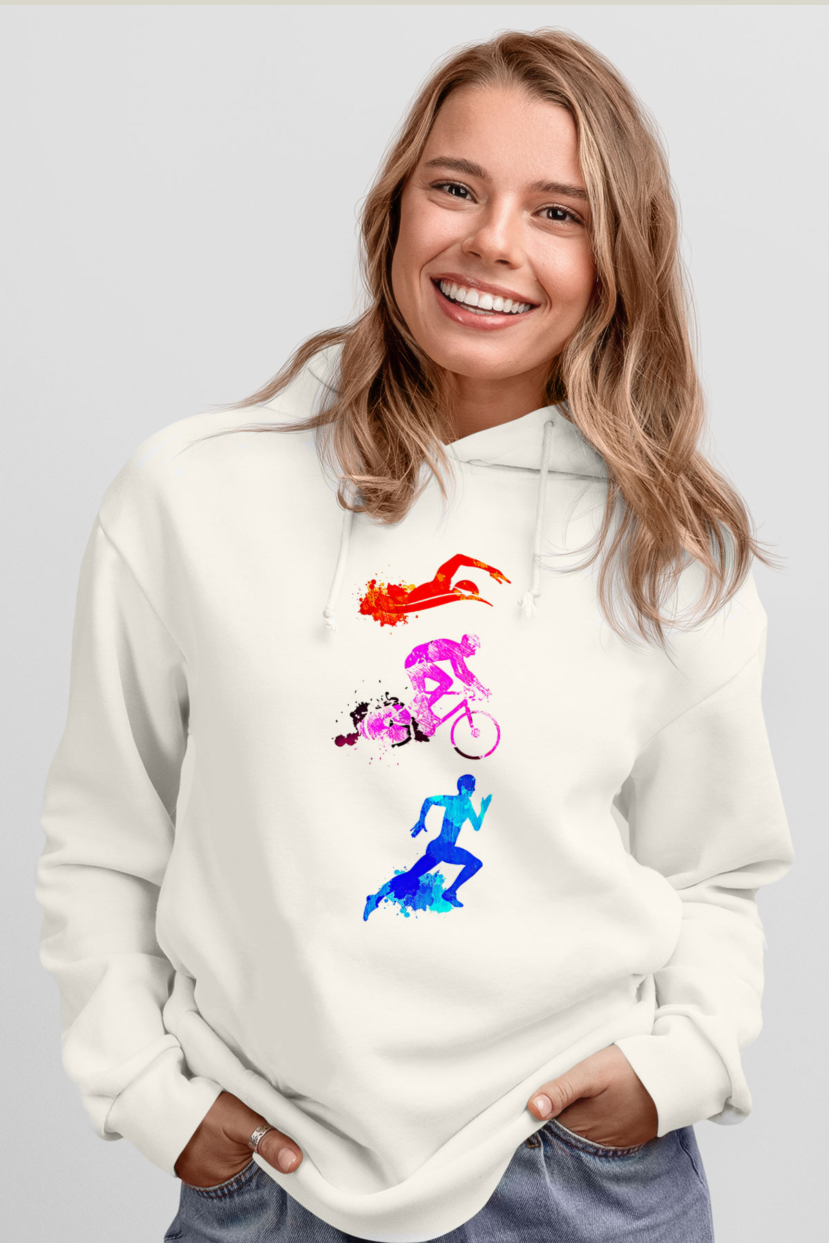 Triathlon Baskılı Unisex Ekru Hoodie