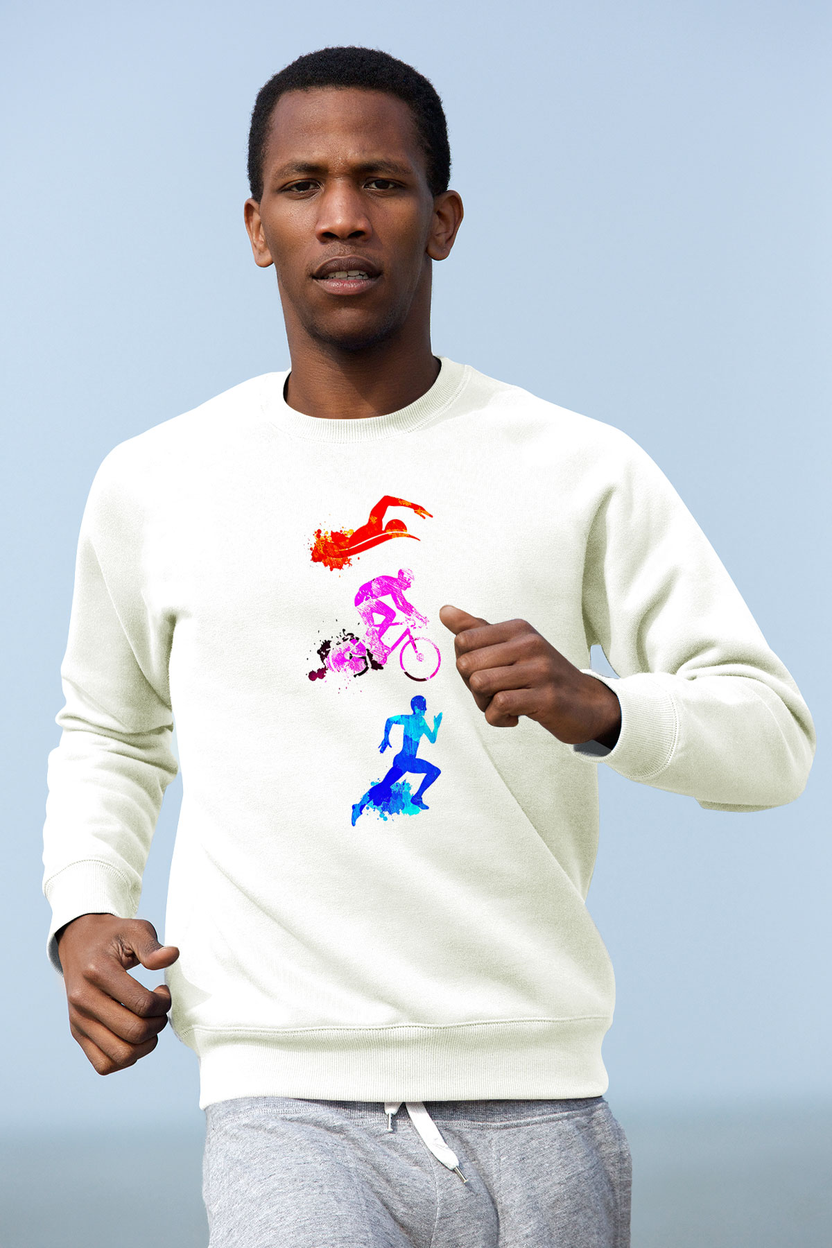 Triathlon Baskılı Unisex Ekru Sweatshirt