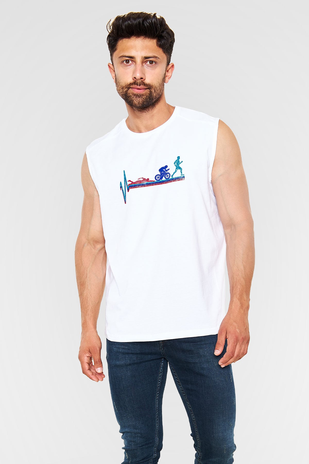 Triathlon Baskılı Unisex Kolsuz Beyaz Tişört
