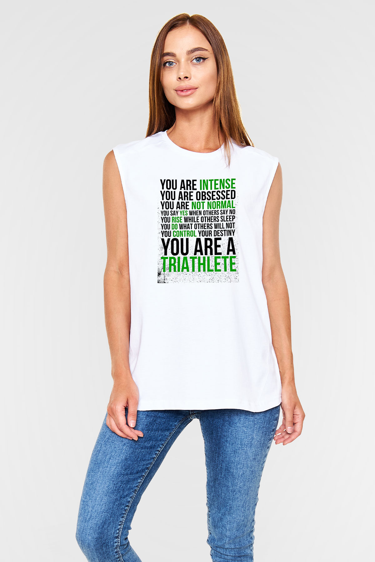 Triathlon Baskılı Unisex Kolsuz Beyaz Tişört