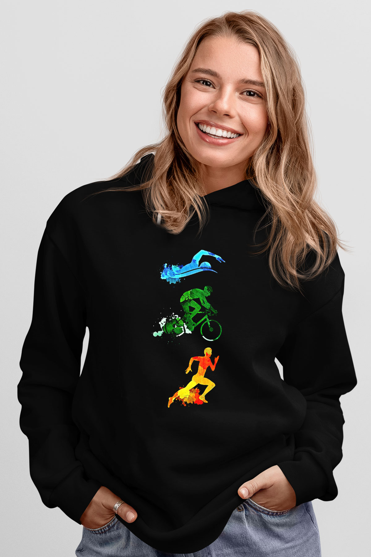 Triathlon Baskılı Unisex Siyah Kapüşonlu Sweatshirt