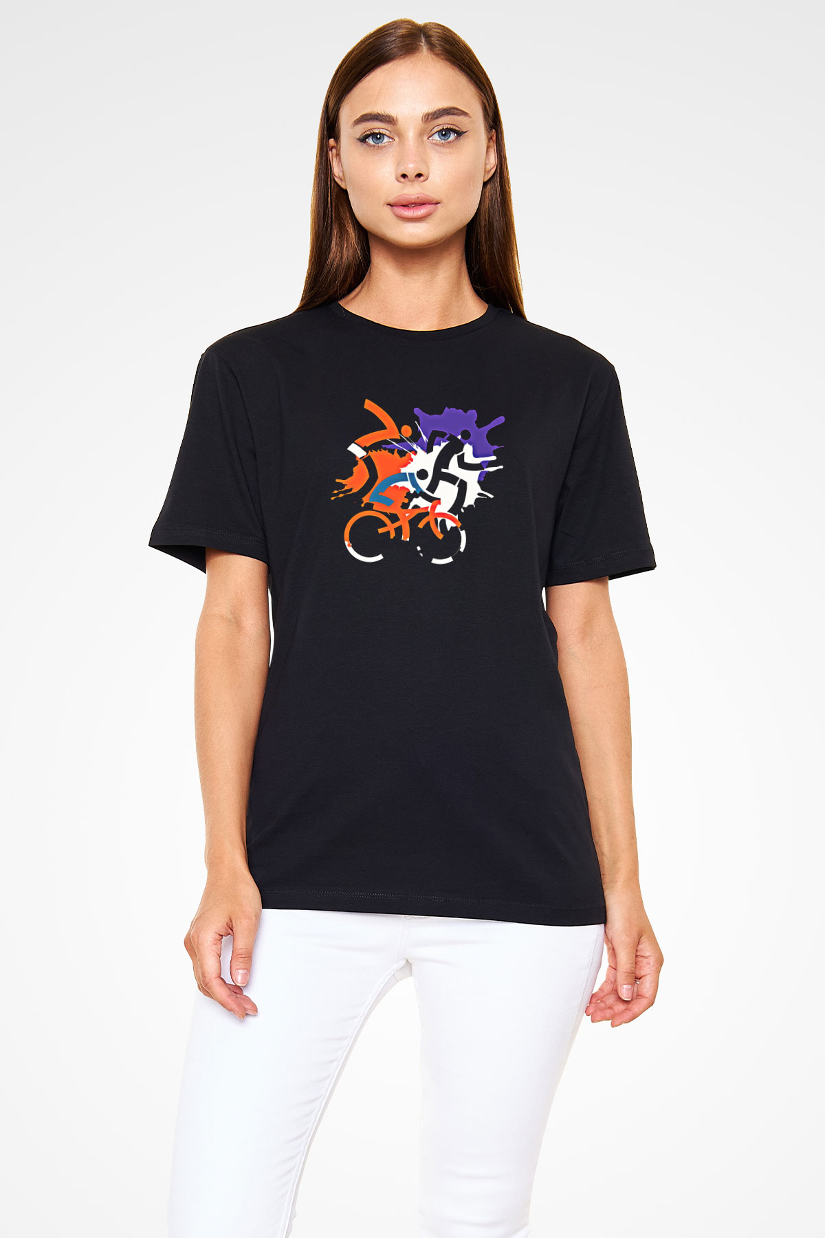 Triathlon Baskılı Unisex Siyah Tişört - Tshirt