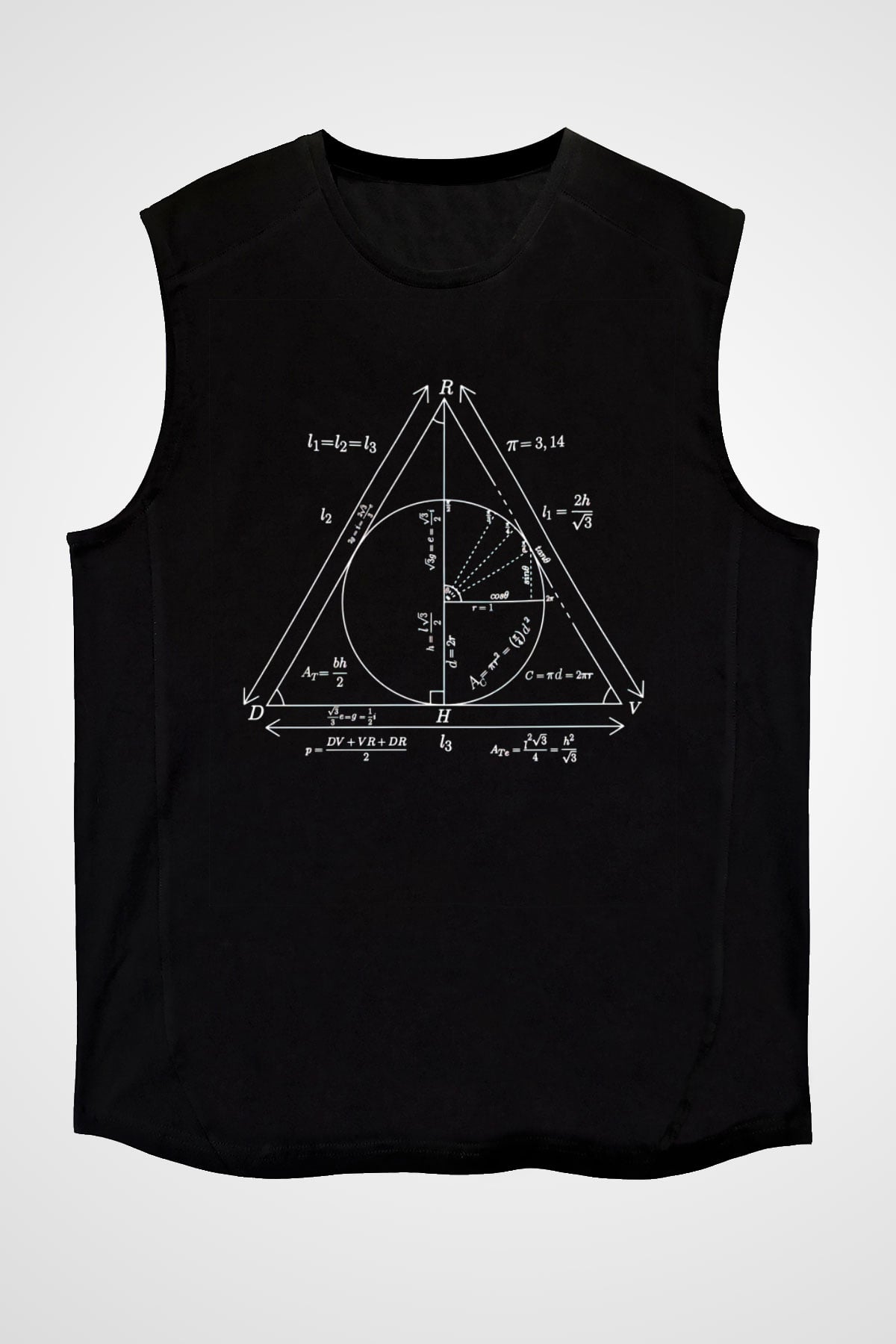 Trigonometri Geometri Baskılı Unisex Siyah Kolsuz Tişört