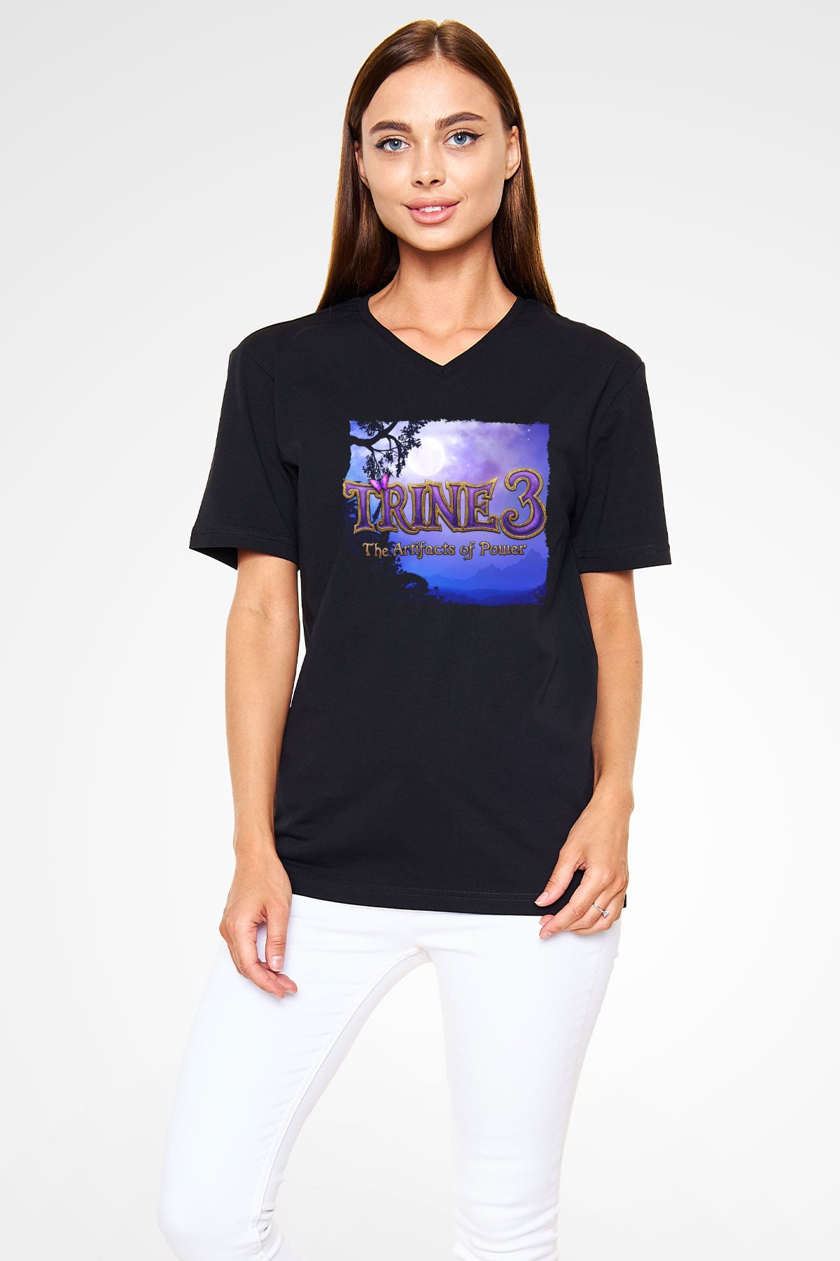 Trine Siyah Unisex V Yaka Tişört