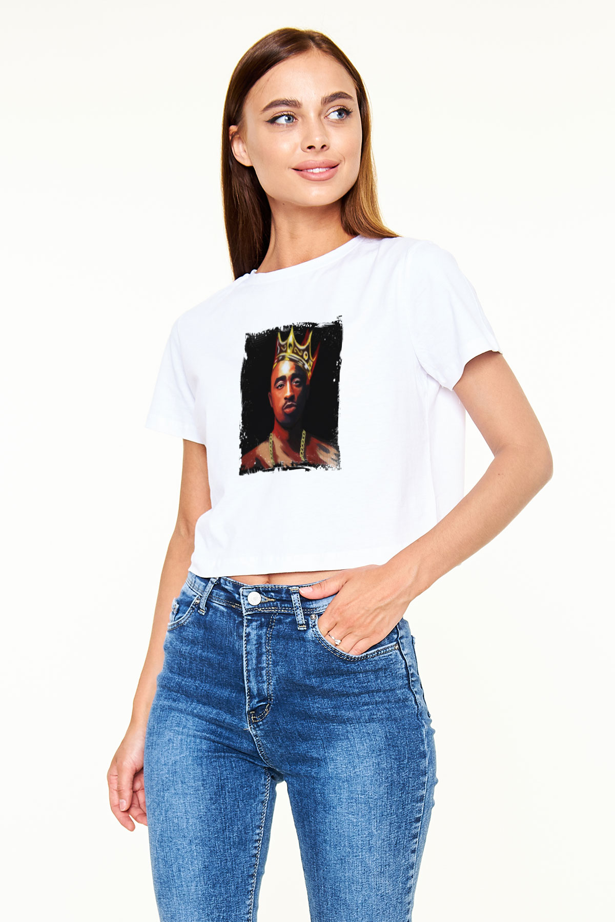 Tupac Baskılı Beyaz Kadın Crop Top Tişört