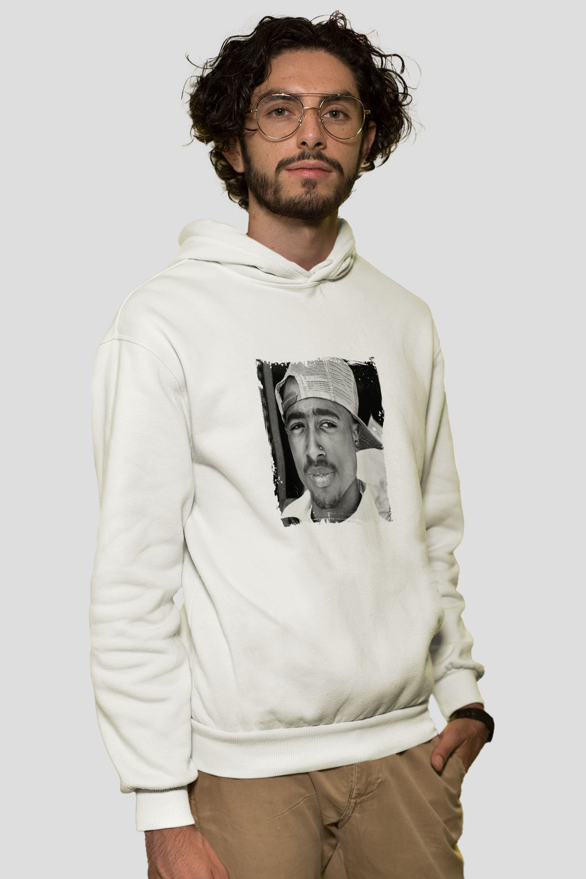Tupac Baskılı Unisex Beyaz Kapüşonlu Sweatshirt
