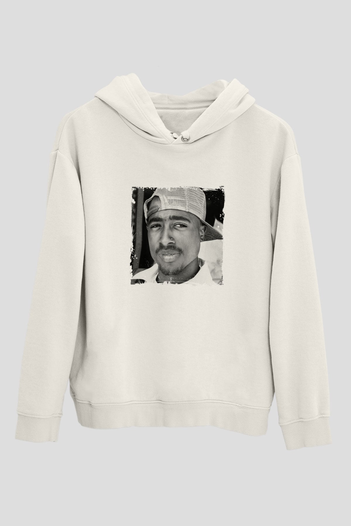 Tupac Baskılı Unisex Beyaz Kapüşonlu Sweatshirt