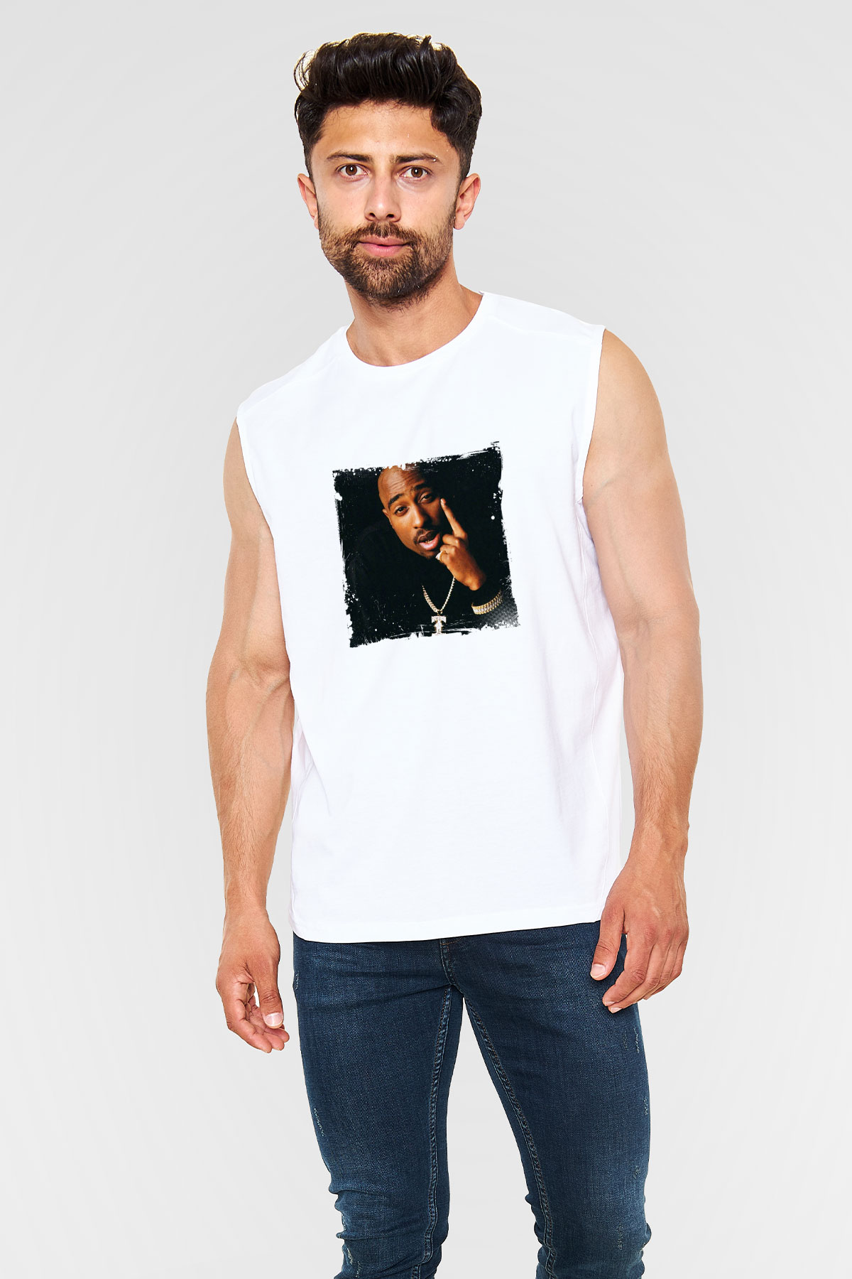 Tupac Baskılı Unisex Beyaz Kolsuz Tişört
